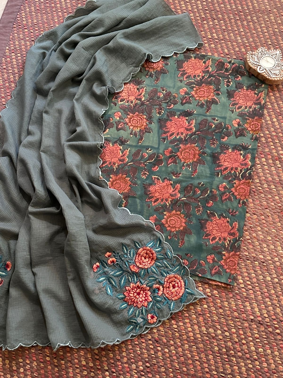 Pure Cotton Malmal Handblock Fabric with Embroidered Dupatta.