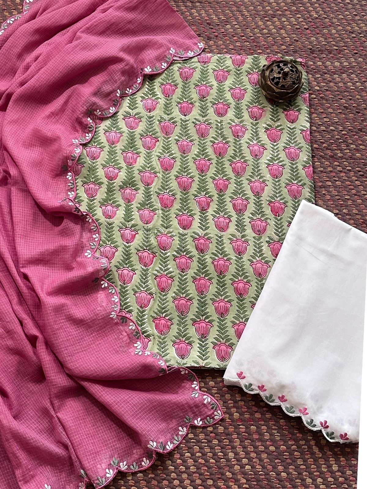 Pure Cotton Hand blocked Set with Embroidered Dupatta