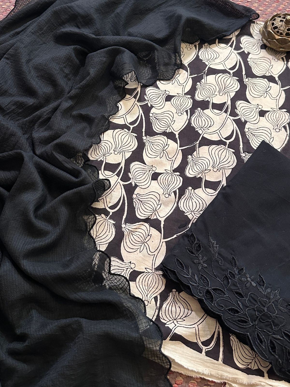 Pure Cotton Handblock Fabric with Cutwork Bottom & Kota Doria Dupatta