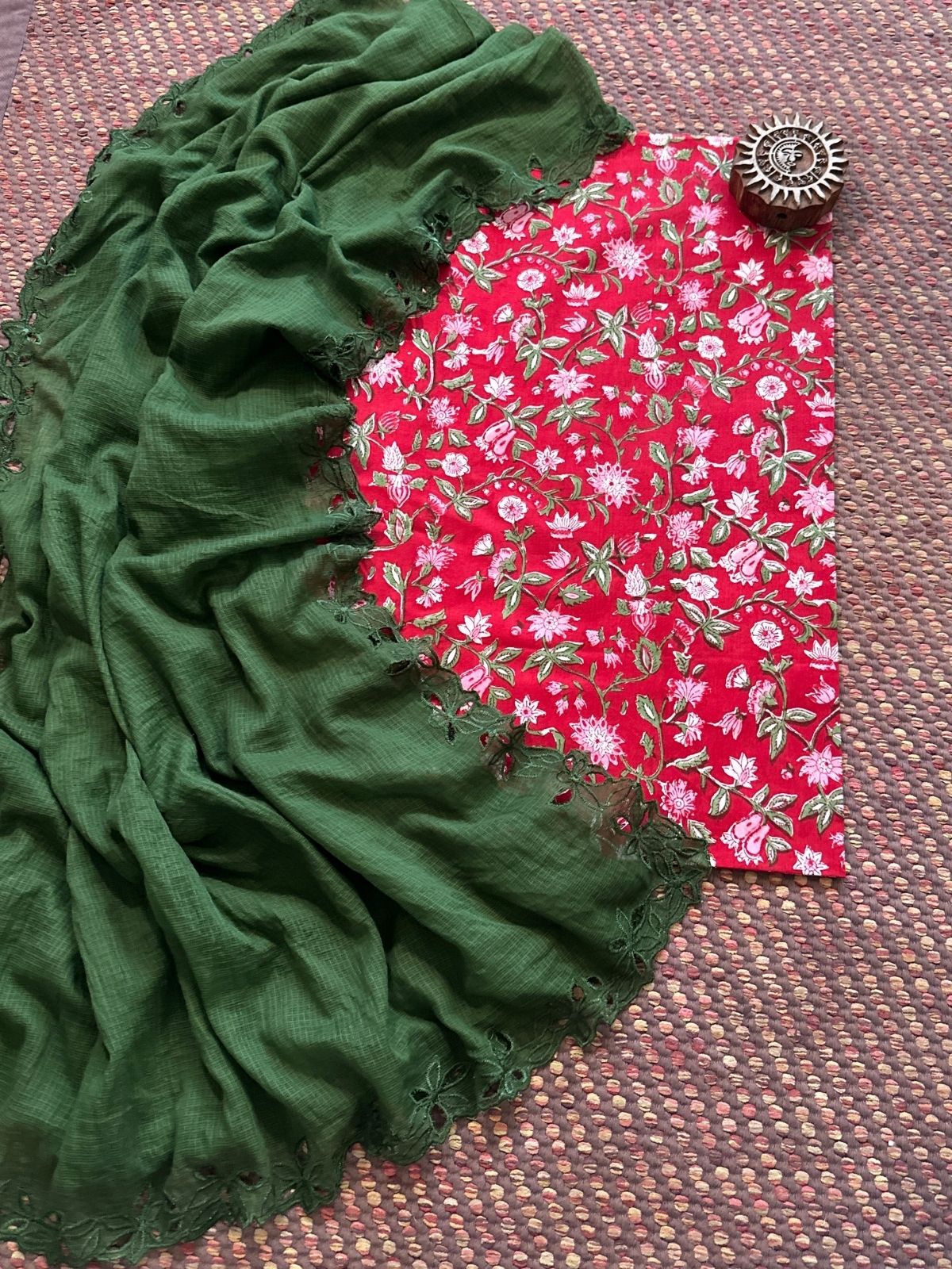 Pure Cotton Handblock Fabric with Cutwork Embroidered Dupatta