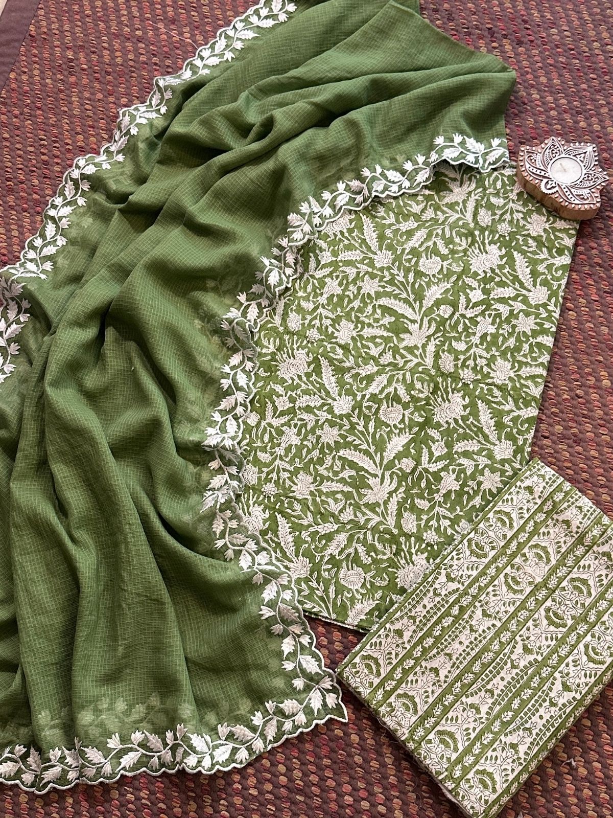 Pure Cotton  Hand blocked Set with Embroidered Dupatta