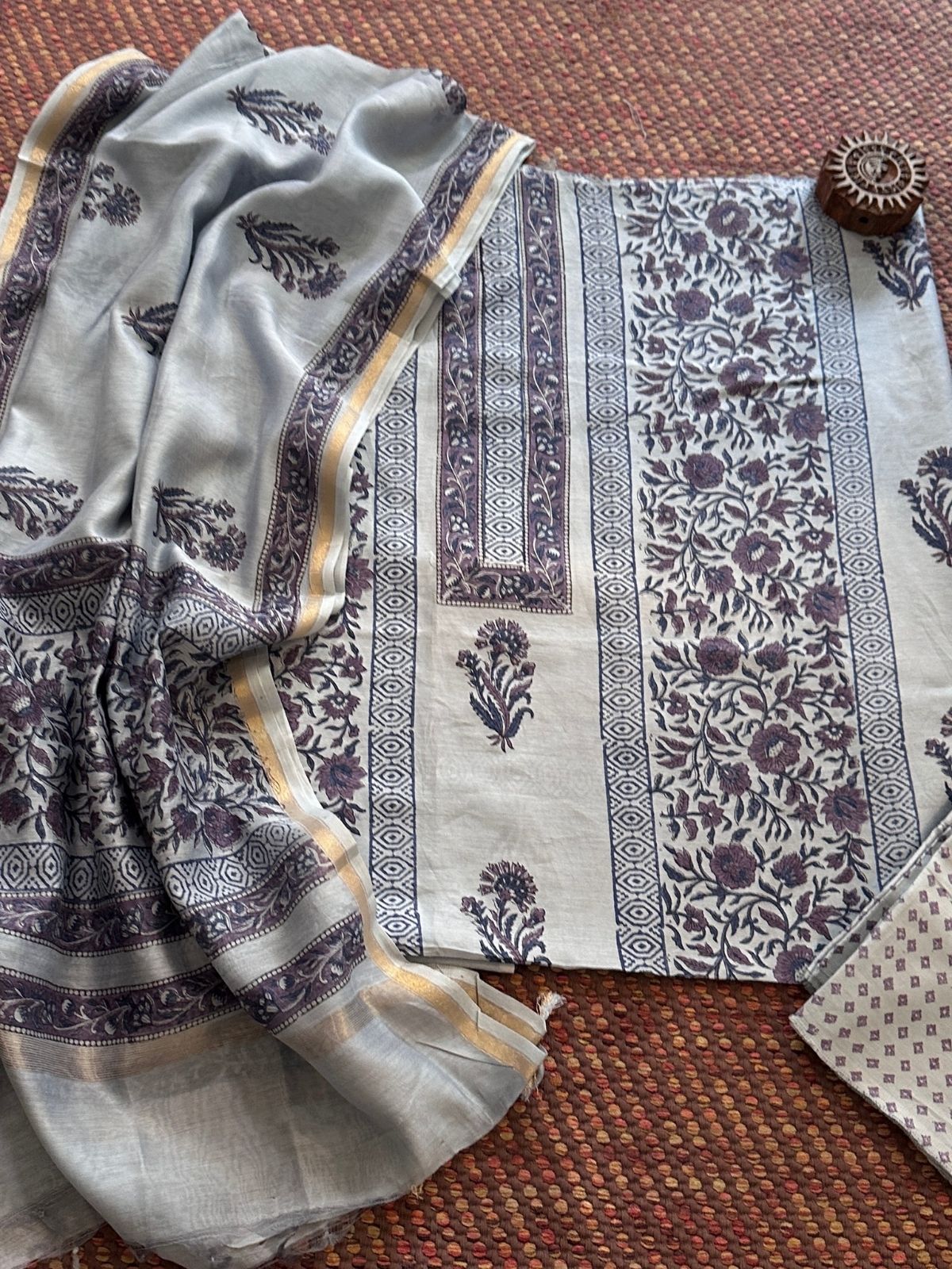 Hand-blocked Maheswari Unstitched Set