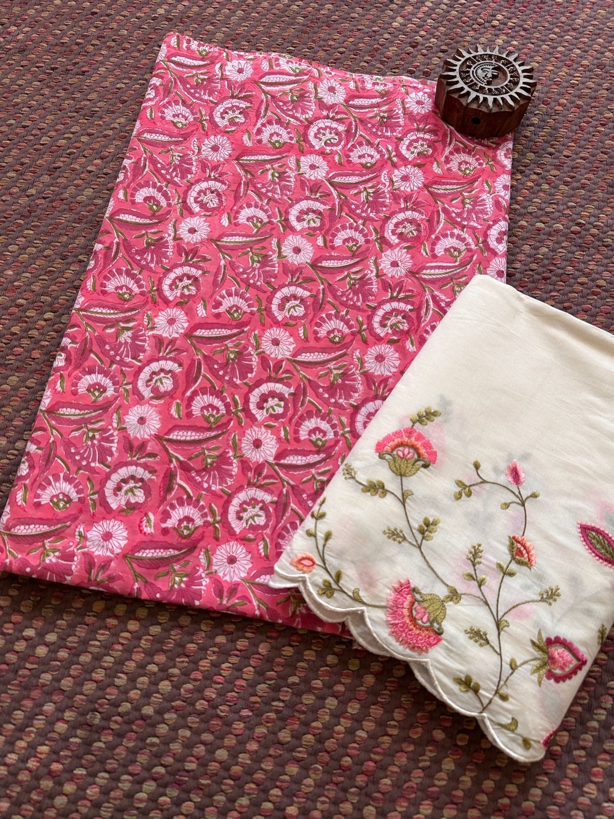 Pure Cotton Hand-blocked Fabric with Embroidered Bottom