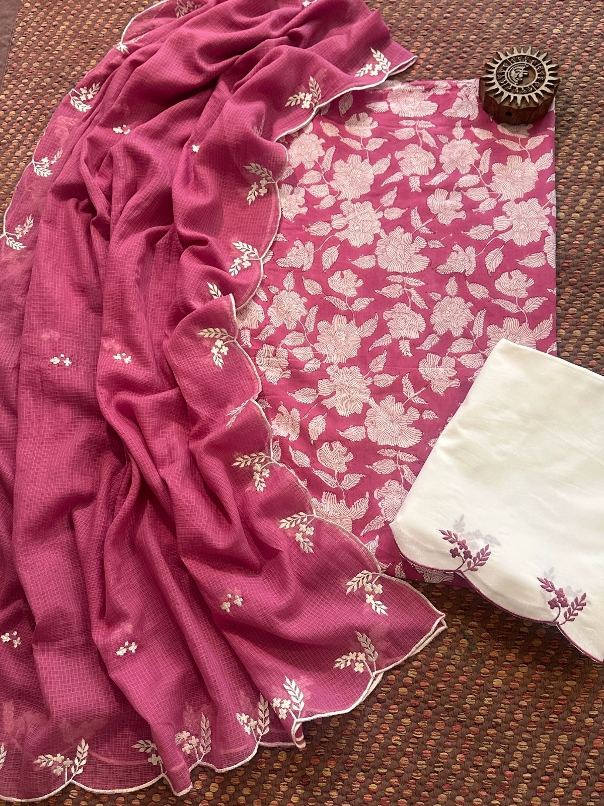 Pure Cotton Hand-block Fabric with Embroidered Bottom & Kota Doria Dupatta