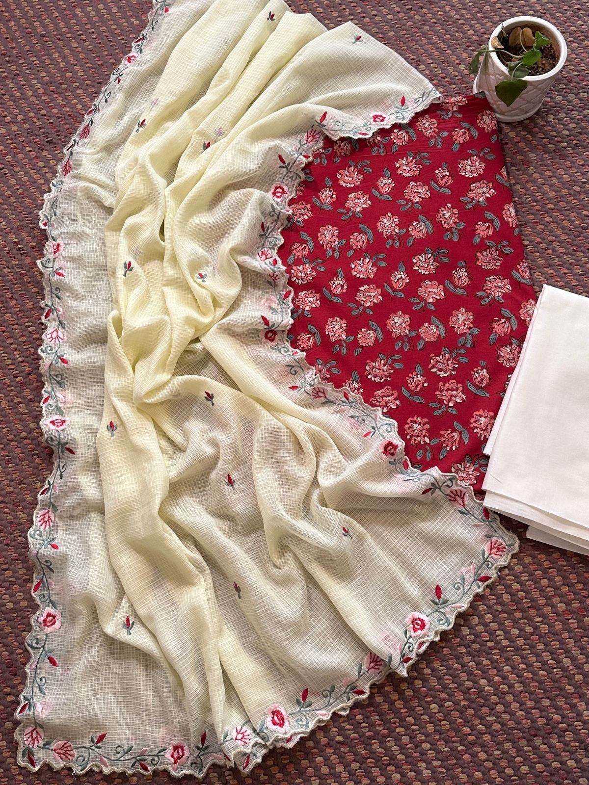 Pure Cotton Hand-block Fabric set with Embroidered Kota Doria Dupatta