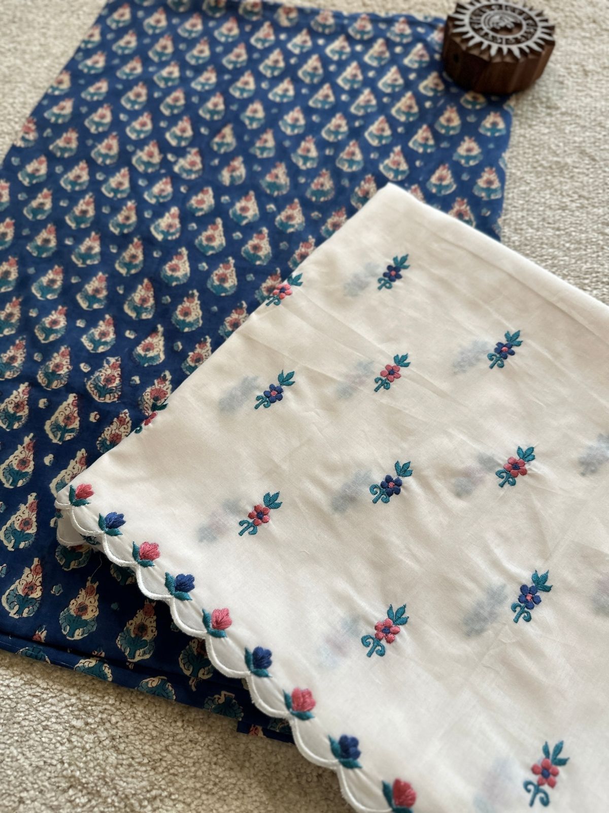 Pure Cotton Hand-blocked Fabric with Embroidered Bottom