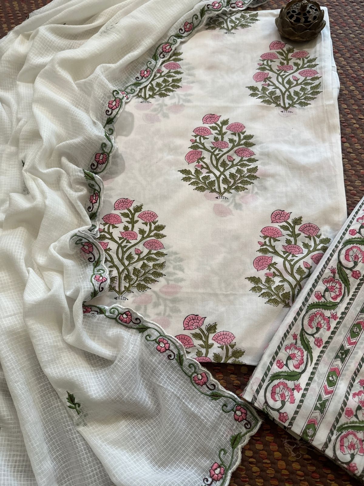 Pure Cotton  Hand blocked Set with Embroidered Dupatta