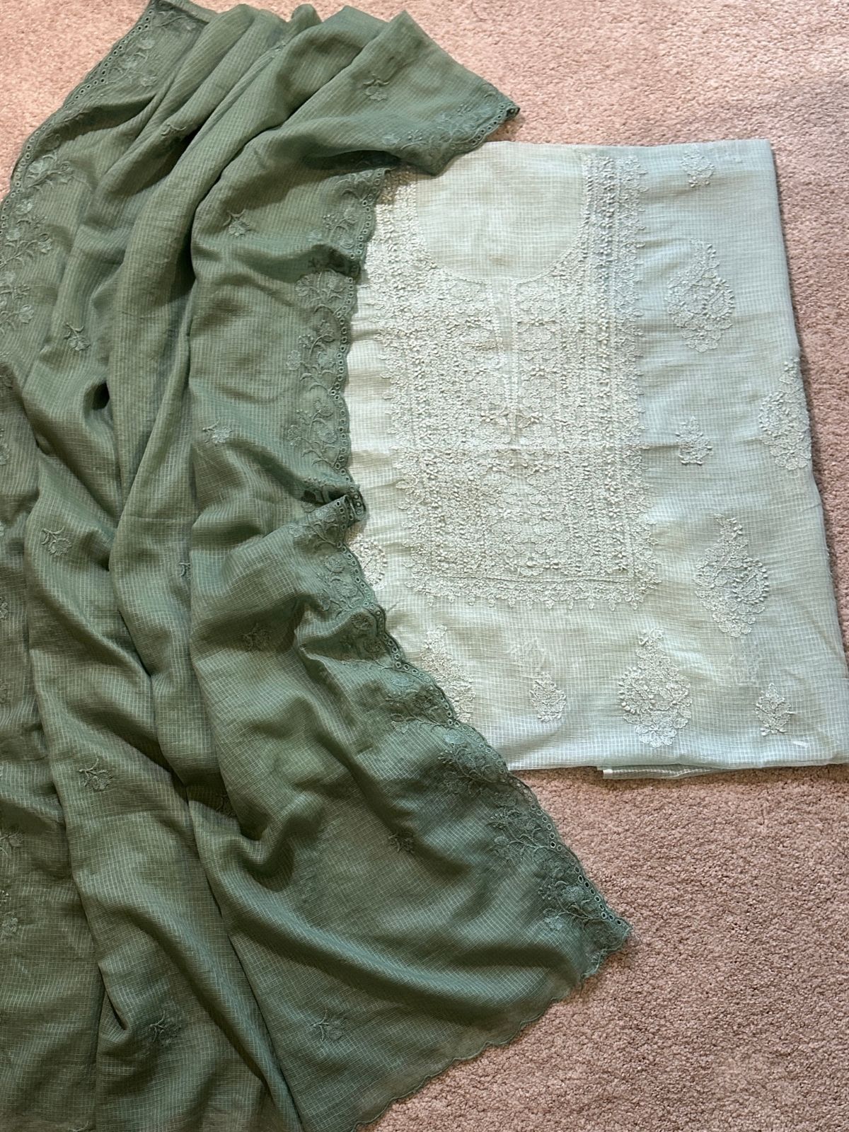 Chikankari Hand Embroidered Fabric with Kota Embroidered Dupatta