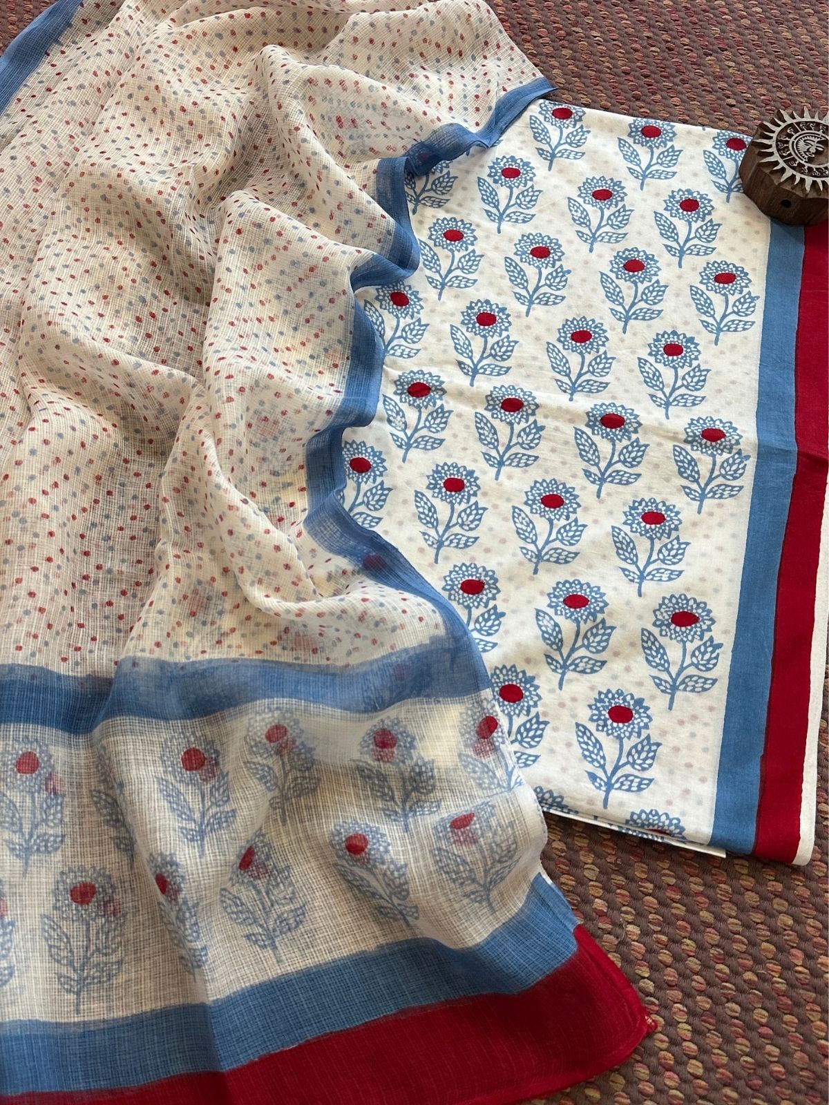 Pure Handblcoked Cotton Unstitched Set with Handblocked Kota Dupatta