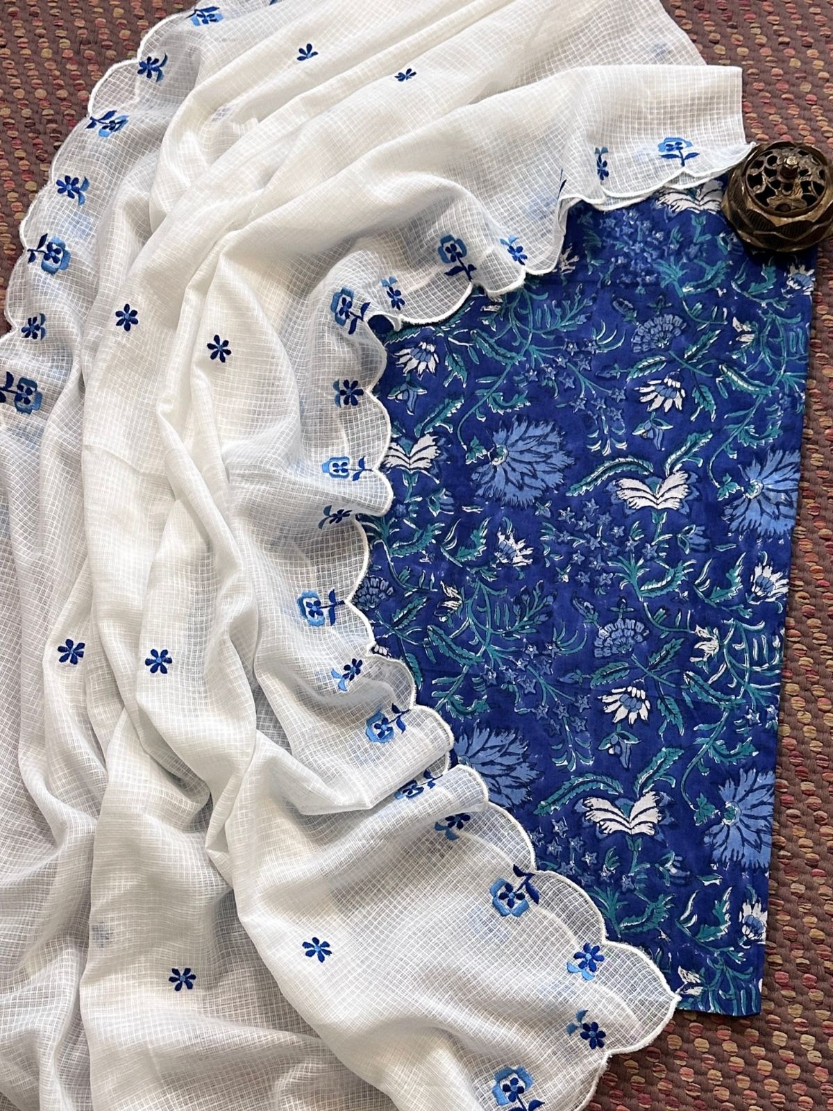 Pure Cotton Handblocked Fabric with Embroidered Dupatta