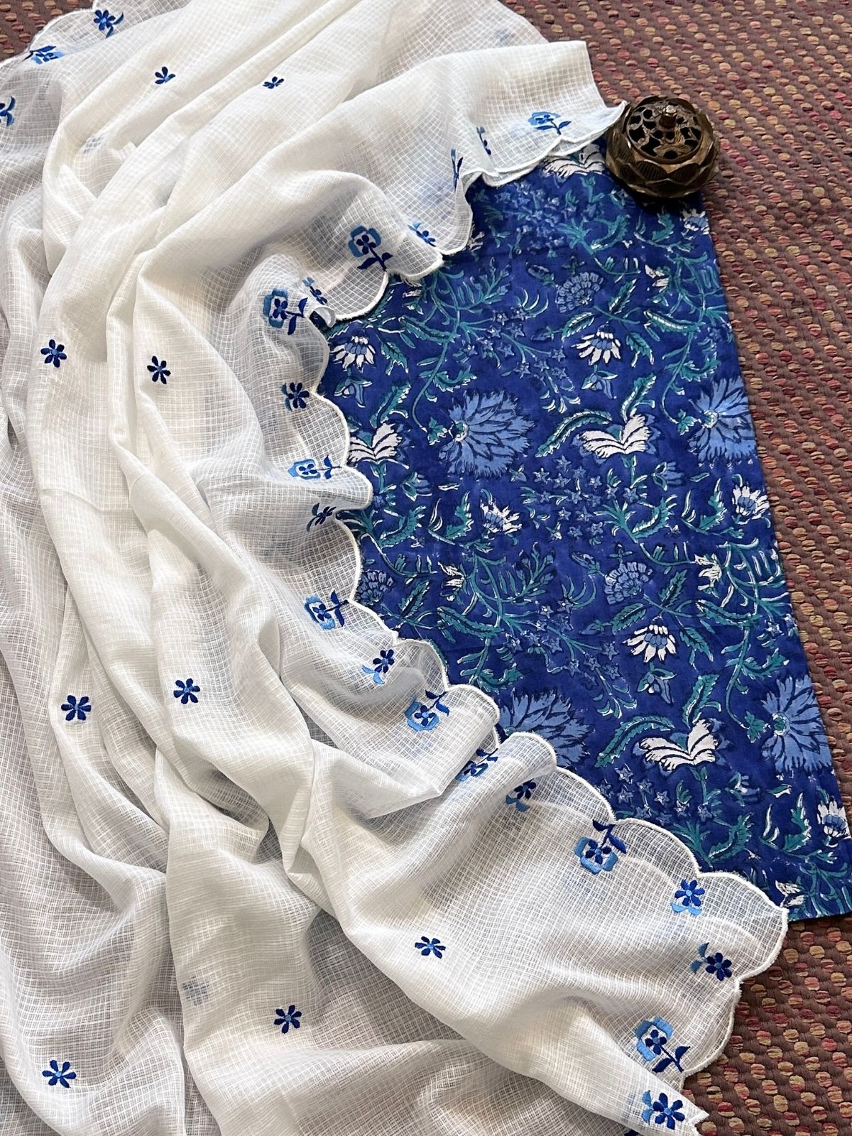 Pure Cotton Handblocked Fabric with Embroidered Dupatta