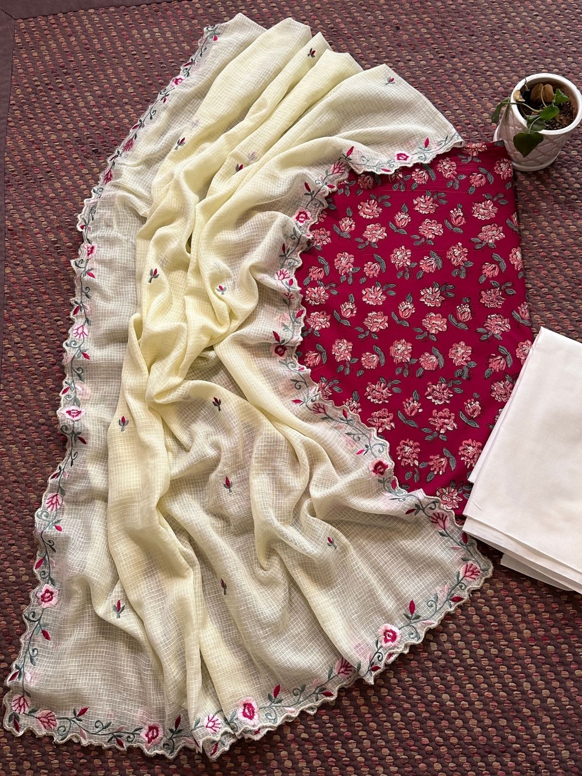 Pure Cotton Hand-block Fabric set with Embroidered Kota Doria Dupatta
