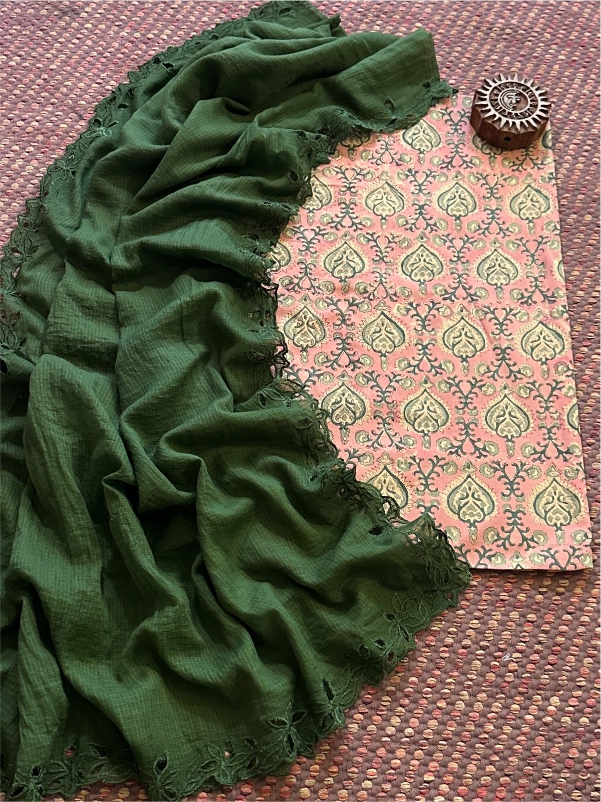 Pure Cotton Handblock Fabric with Cutwork Embroidered Dupatta