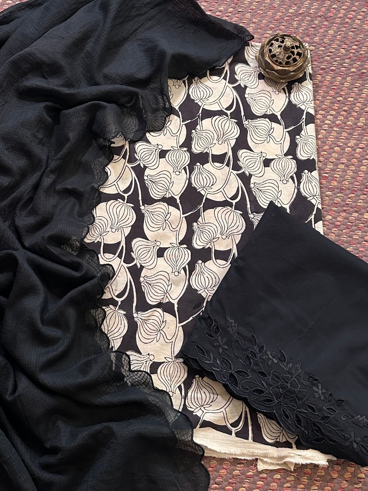 Pure Cotton Handblock Fabric with Cutwork Bottom & Kota Doria Dupatta