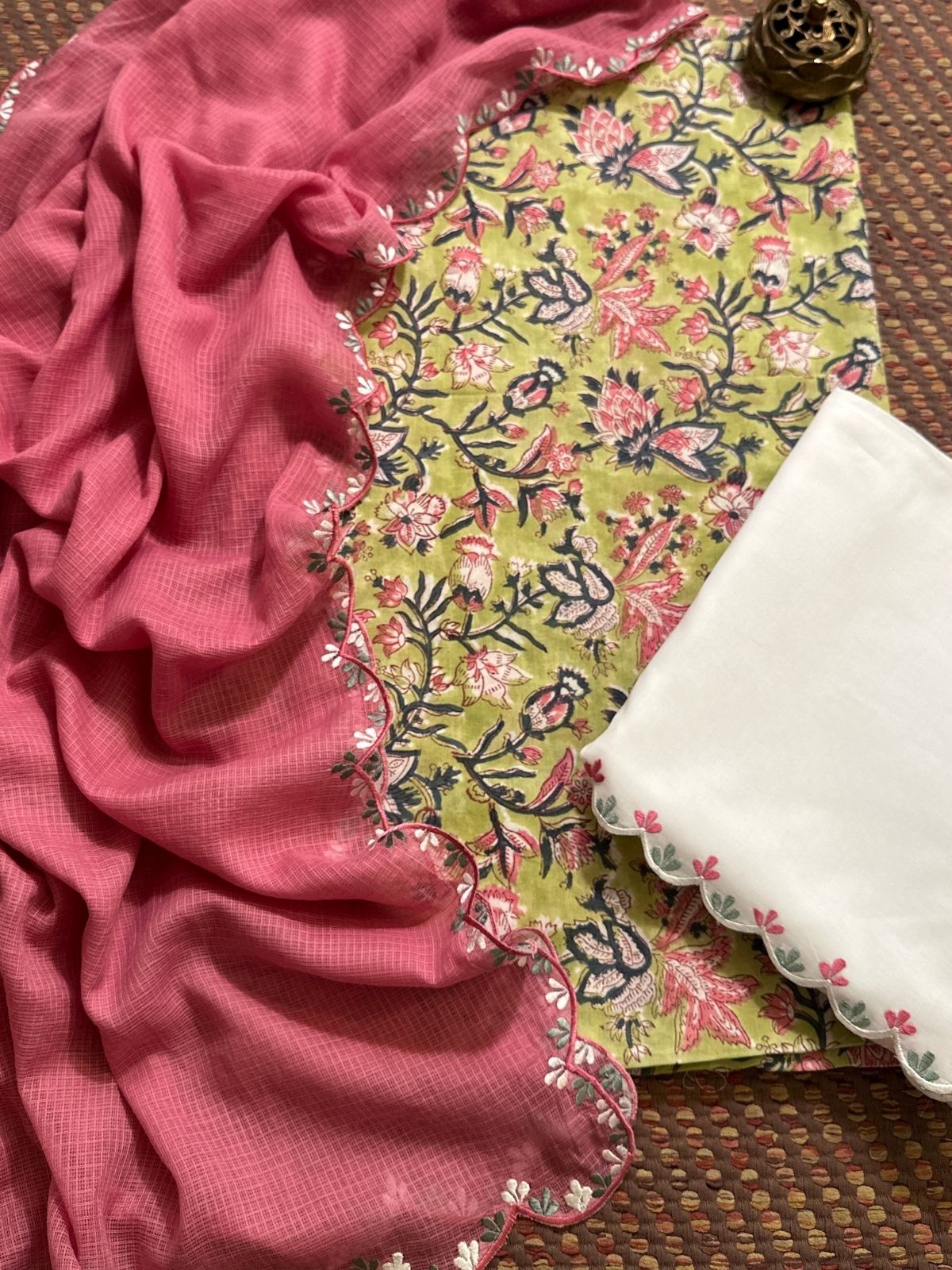 Pure Cotton Hand-block Fabric with Embroidered Bottom & Kota Doria Dupatta