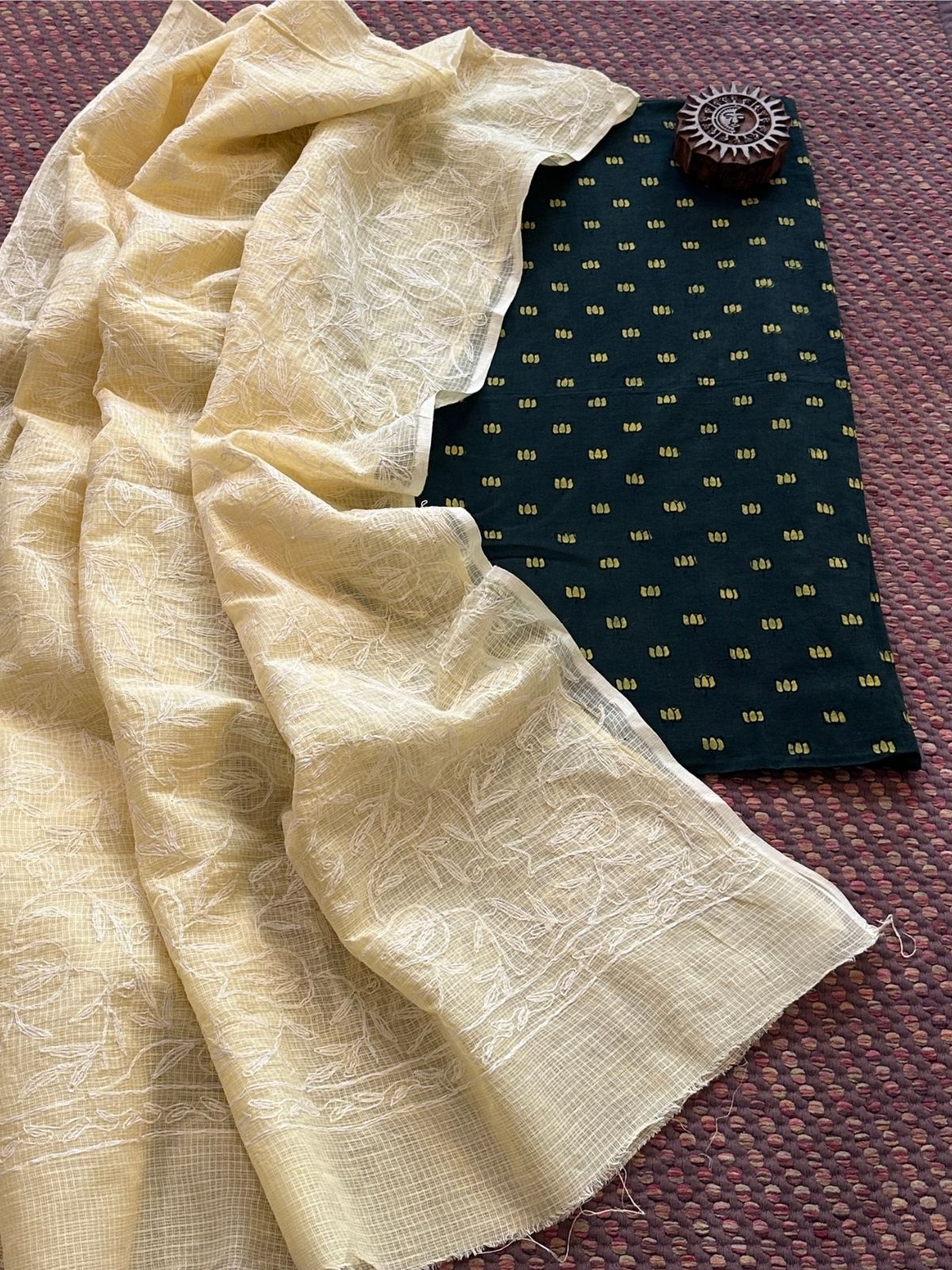 Ajrakh Handblocked Cotton Malmal Fabric with Chikankari Kota Dupatta Unstitched Set