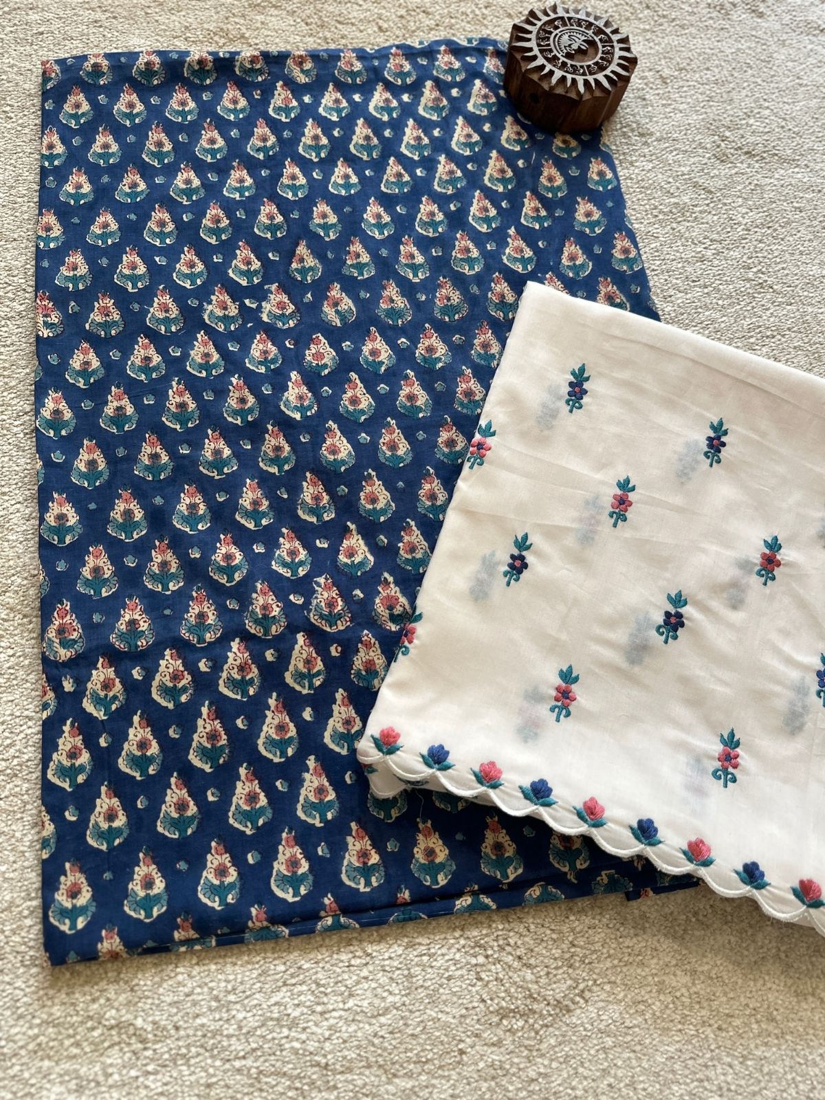 Pure Cotton Hand-blocked Fabric with Embroidered Bottom