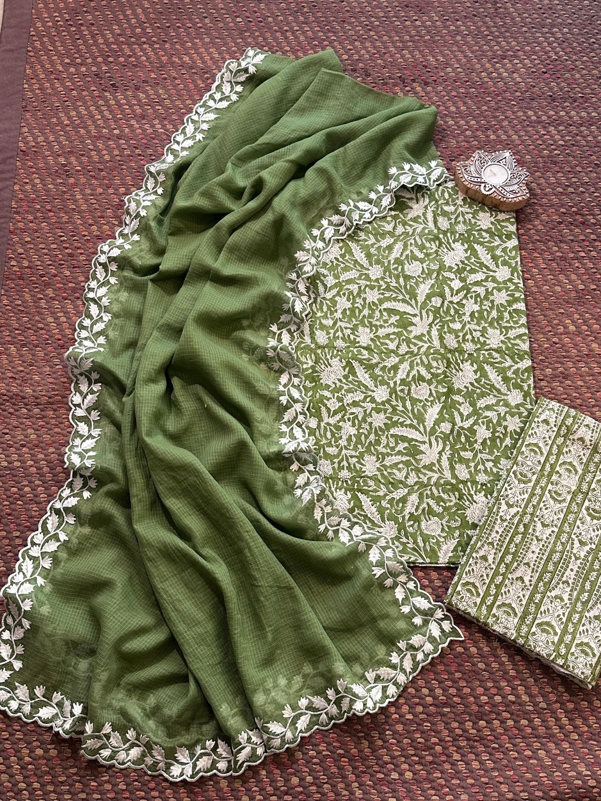 Pure Cotton  Hand blocked Set with Embroidered Dupatta
