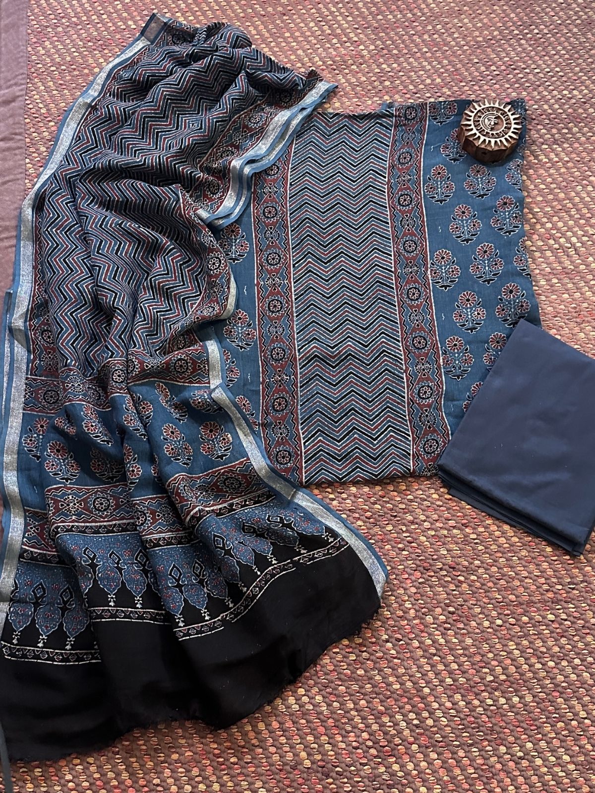 Linen Ajrakh Hand- Block Unstitched Set