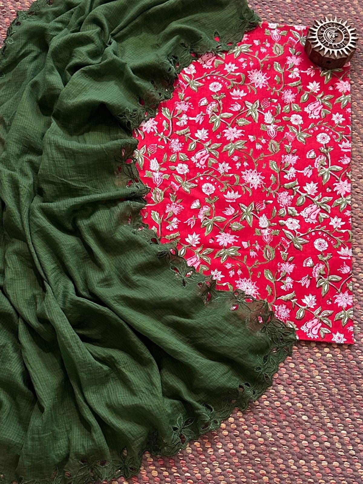 Pure Cotton Handblock Fabric with Cutwork Embroidered Dupatta