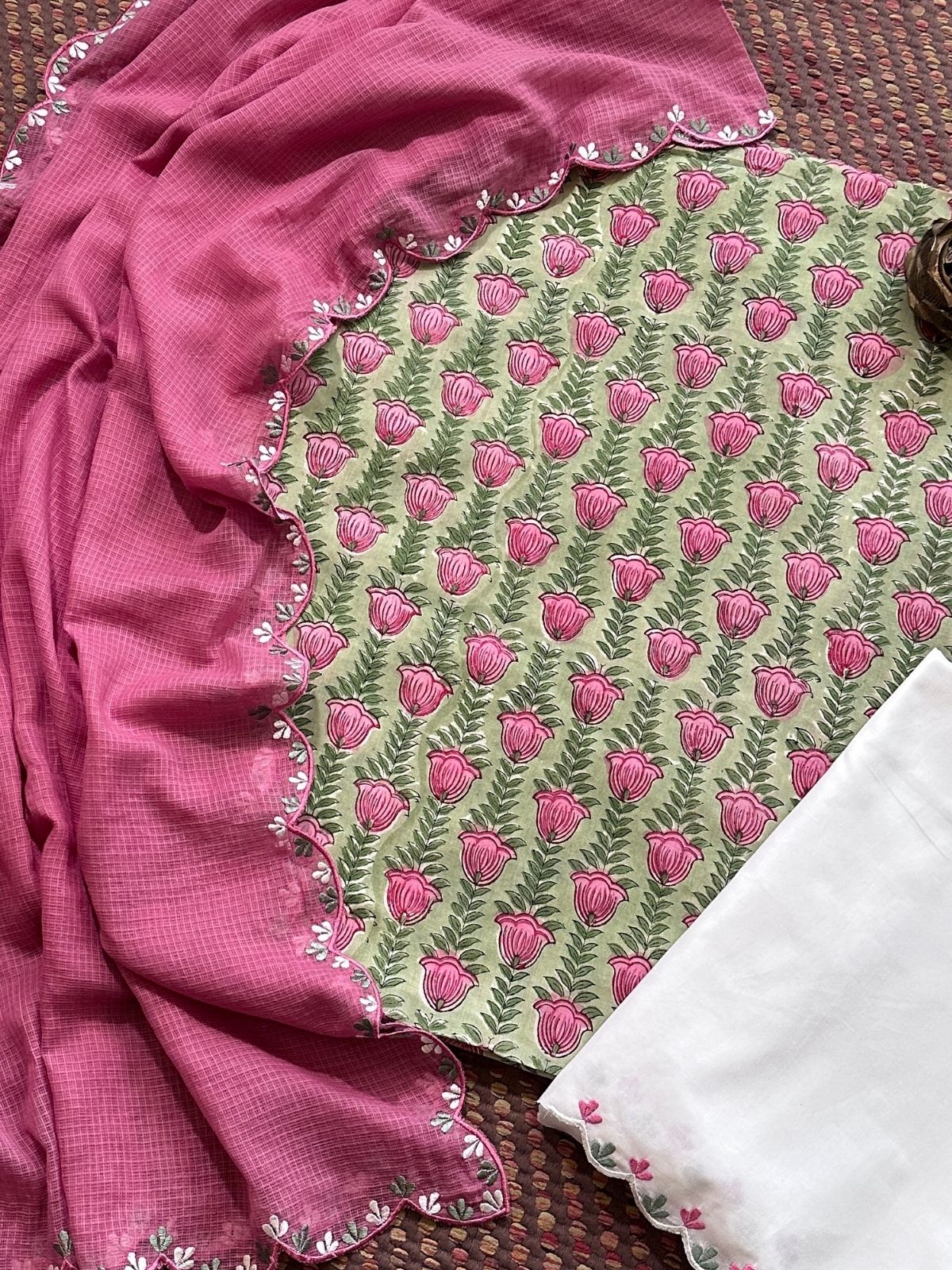 Pure Cotton Hand blocked Set with Embroidered Dupatta