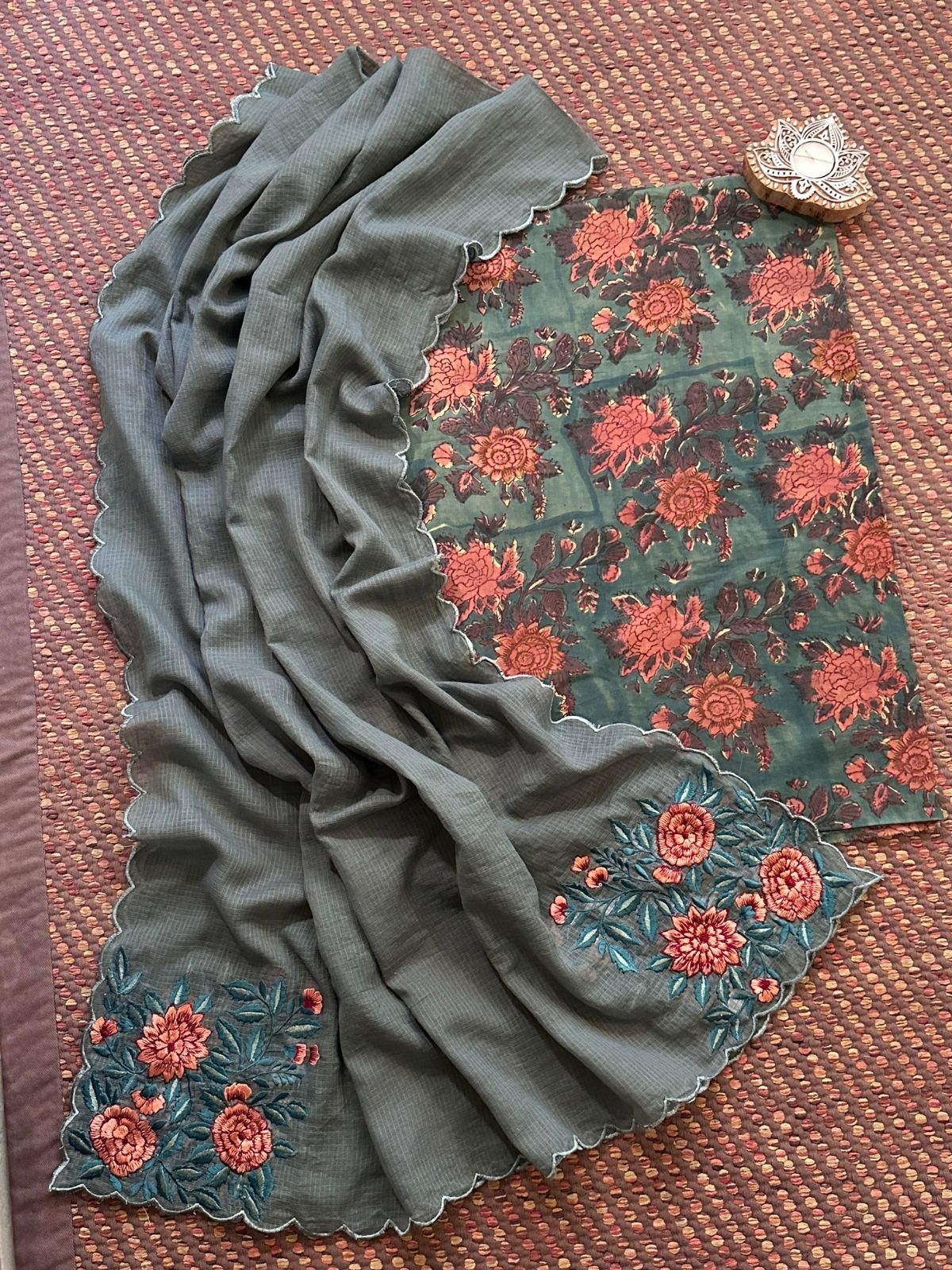 Pure Cotton Malmal Handblock Fabric with Embroidered Dupatta.