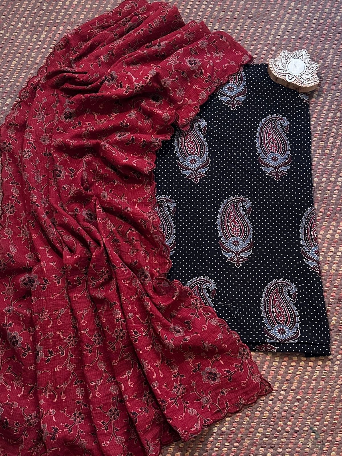 Ajrakh Cotton Malmal Handblocked Set- Top & Dupatta