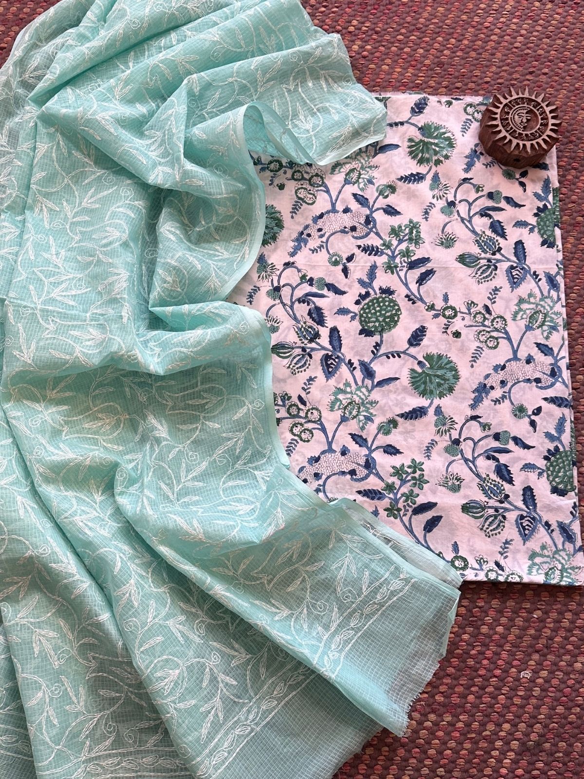 Pure Cotton Hand Blocked Fabric with Chikankari Dupatta