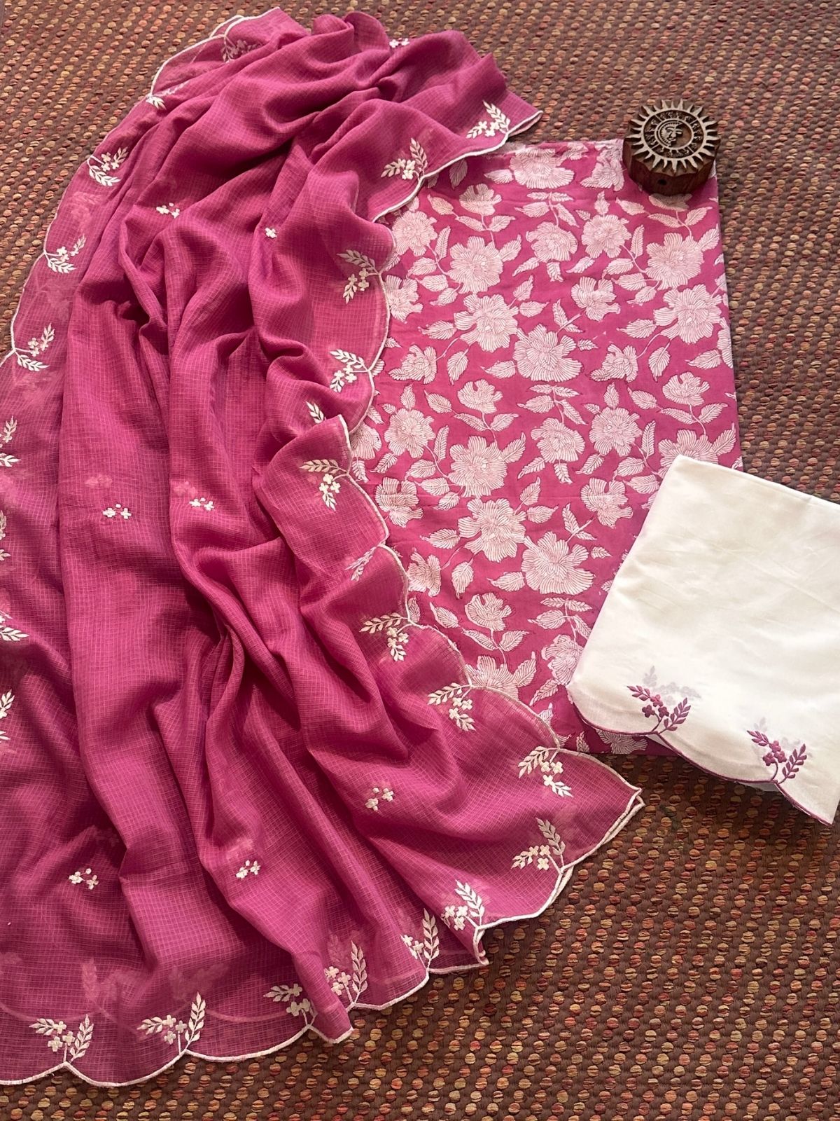Pure Cotton Hand-block Fabric with Embroidered Bottom & Kota Doria Dupatta