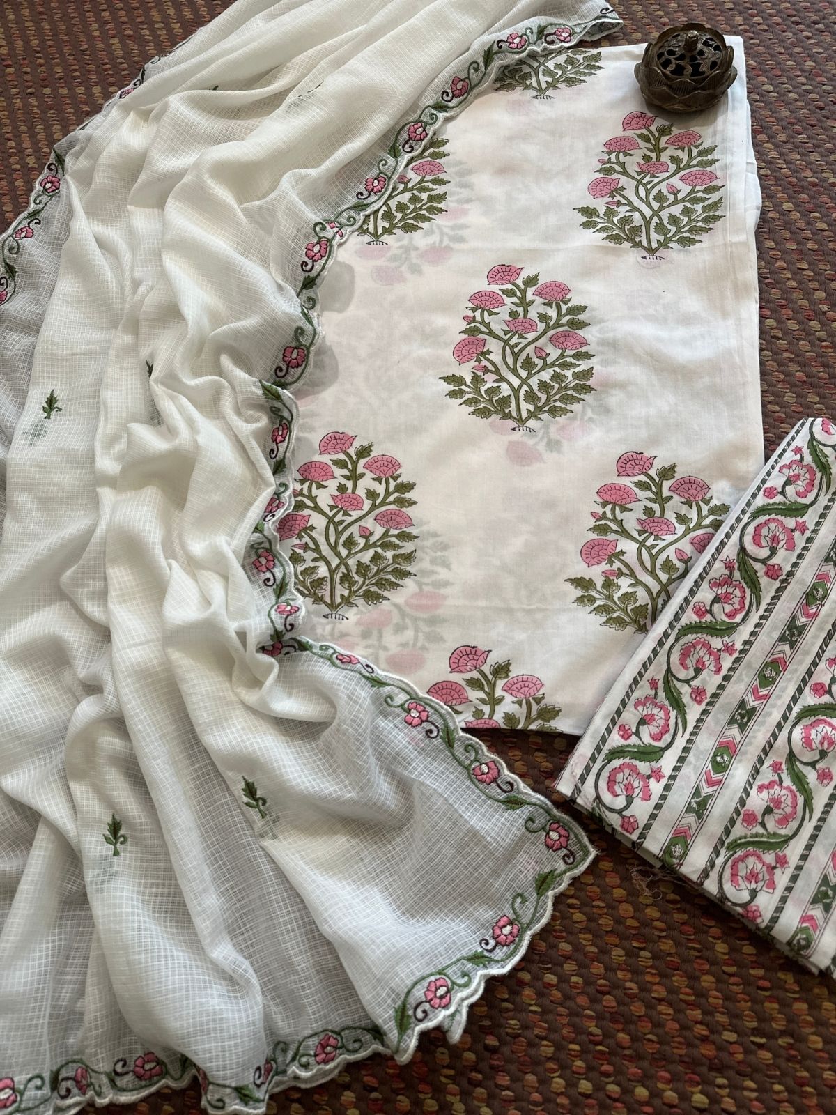 Pure Cotton  Hand blocked Set with Embroidered Dupatta