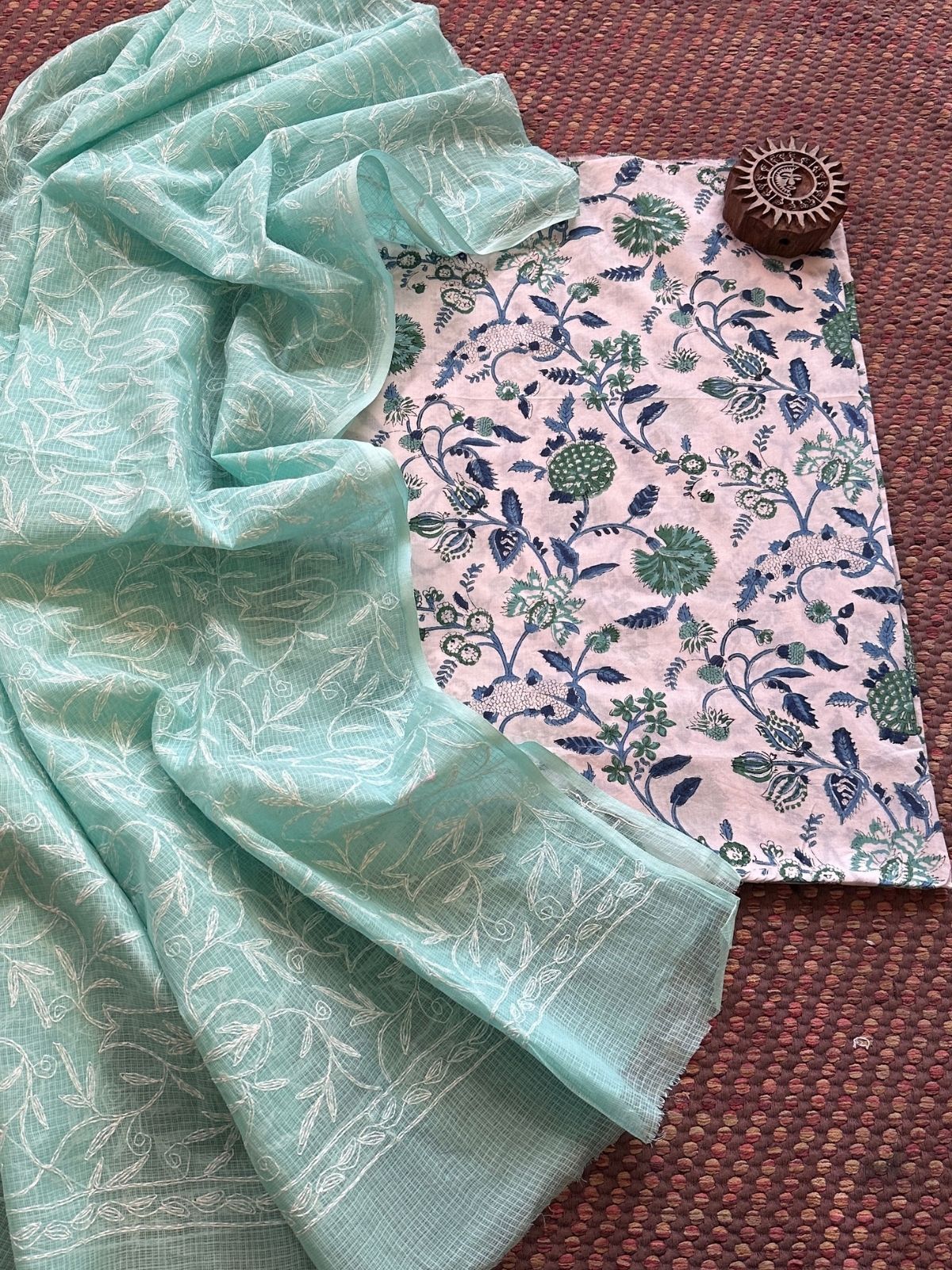 Pure Cotton Hand Blocked Fabric with Chikankari Dupatta