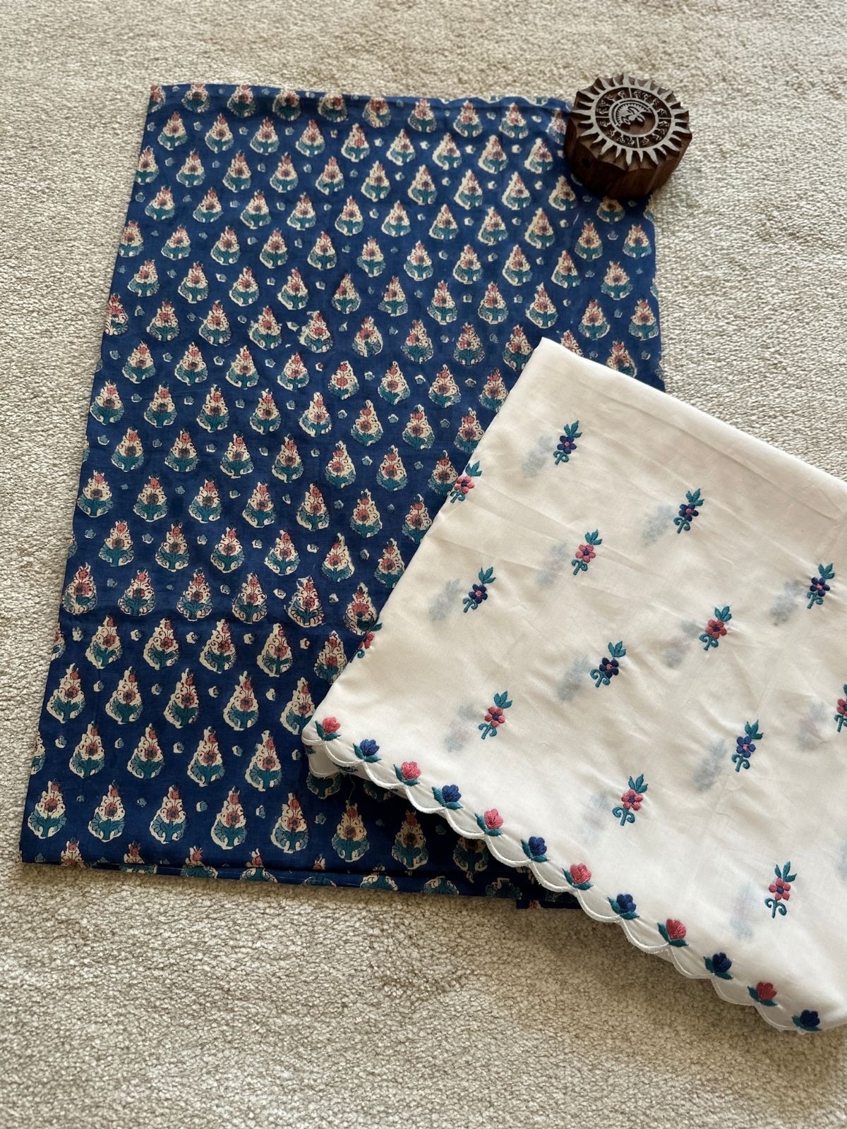 Pure Cotton Hand-blocked Fabric with Embroidered Bottom