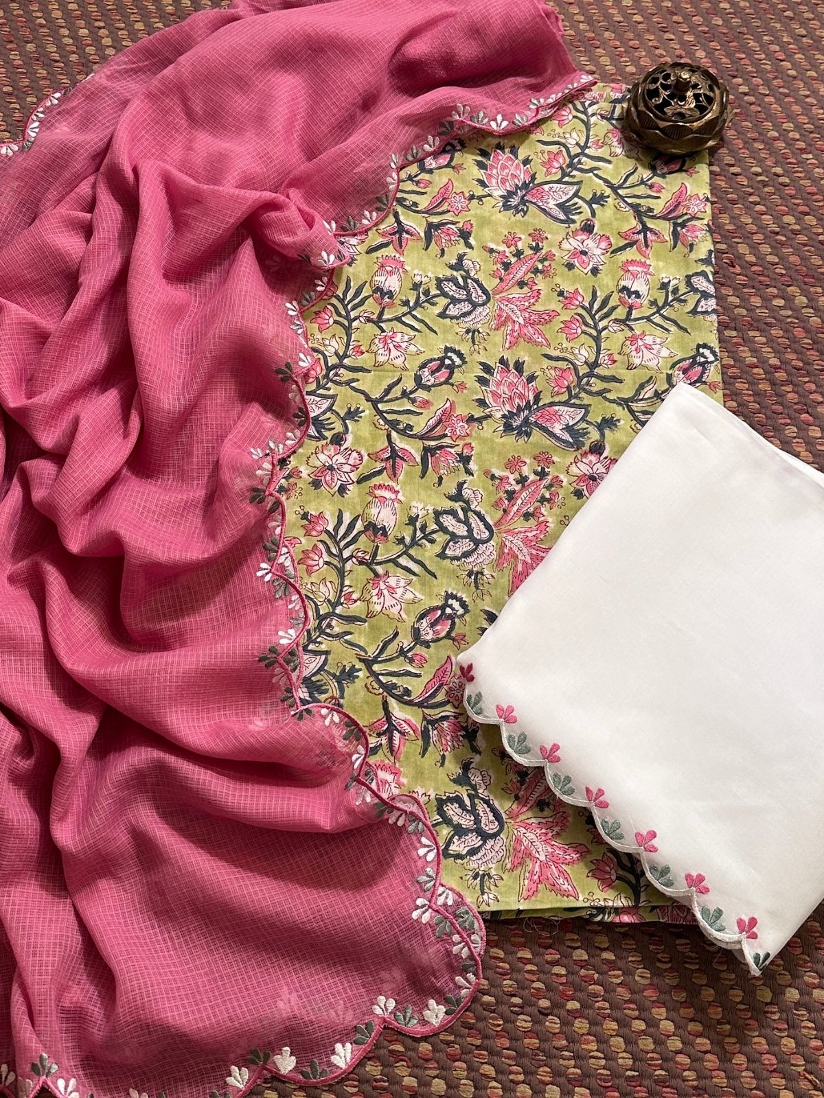 Pure Cotton Hand-block Fabric with Embroidered Bottom & Kota Doria Dupatta