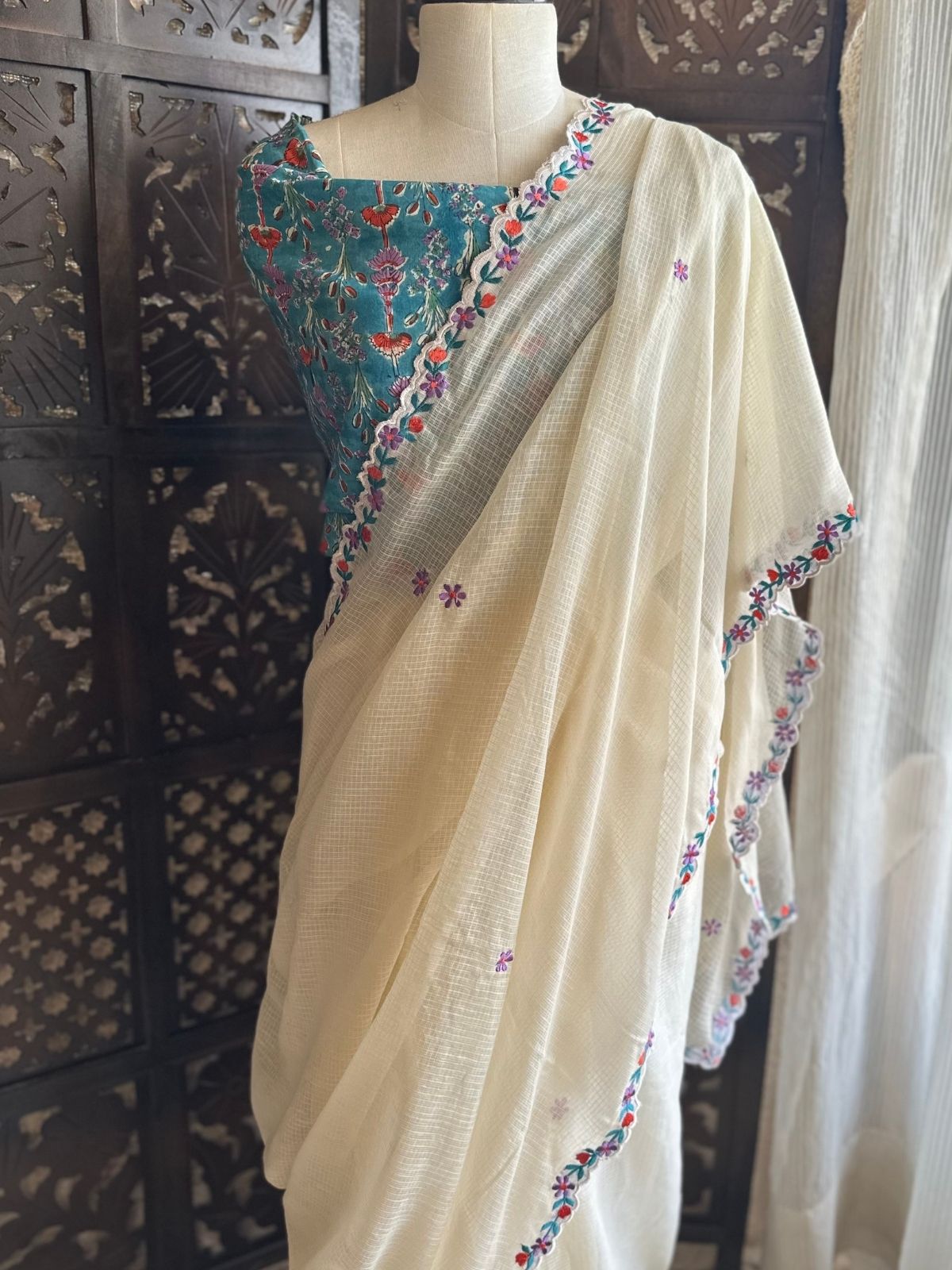 Kota Doria Embroidered Saree with Hand Block Blouse fabric