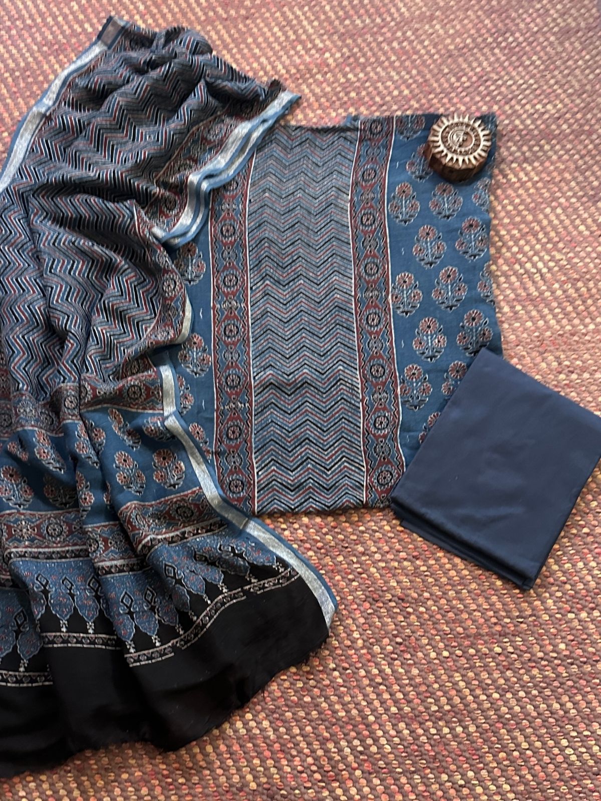 Linen Ajrakh Hand- Block Unstitched Set