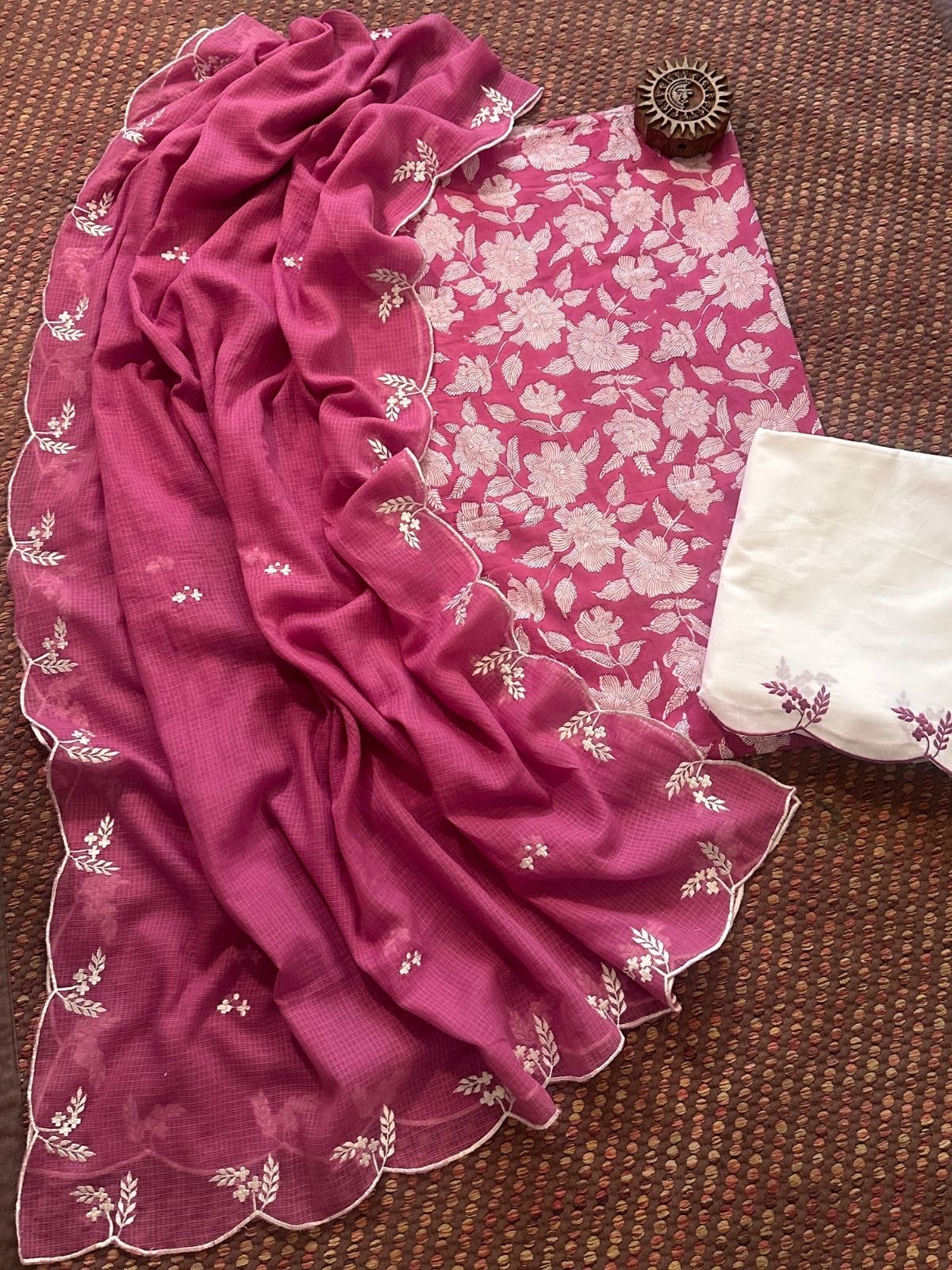 Pure Cotton Hand-block Fabric with Embroidered Bottom & Kota Doria Dupatta