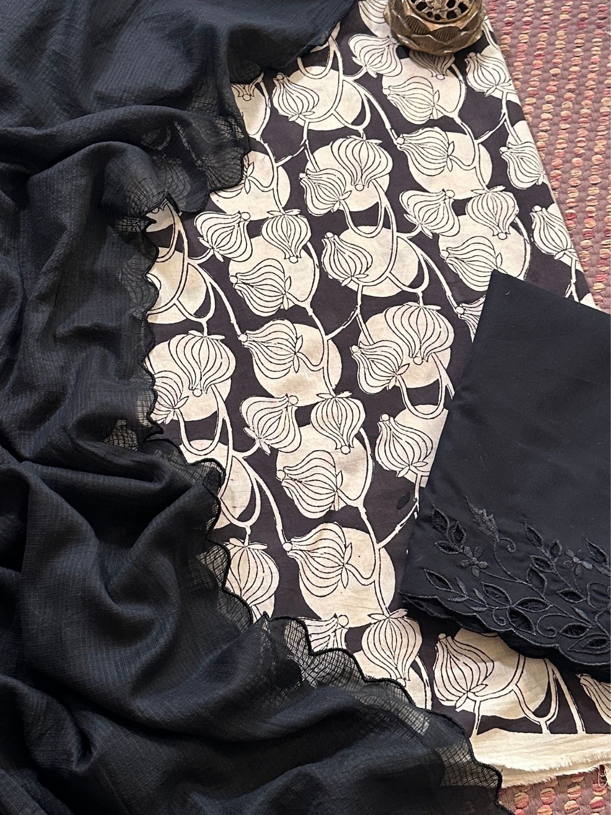 Pure Cotton Handblock Fabric with Cutwork Bottom & Kota Doria Dupatta