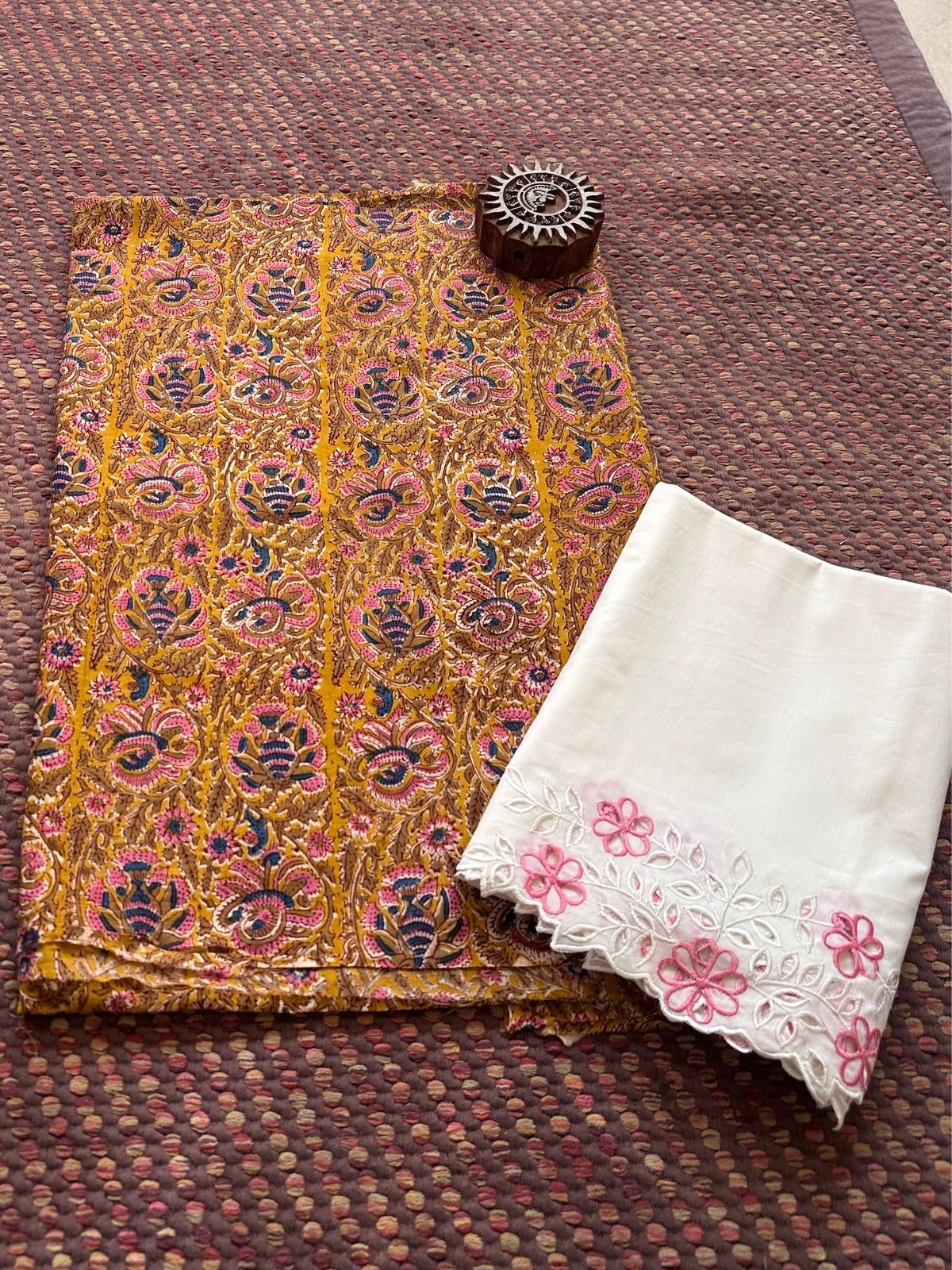 Pure Cotton Mal with Cutwork Bottom Unstitched Set