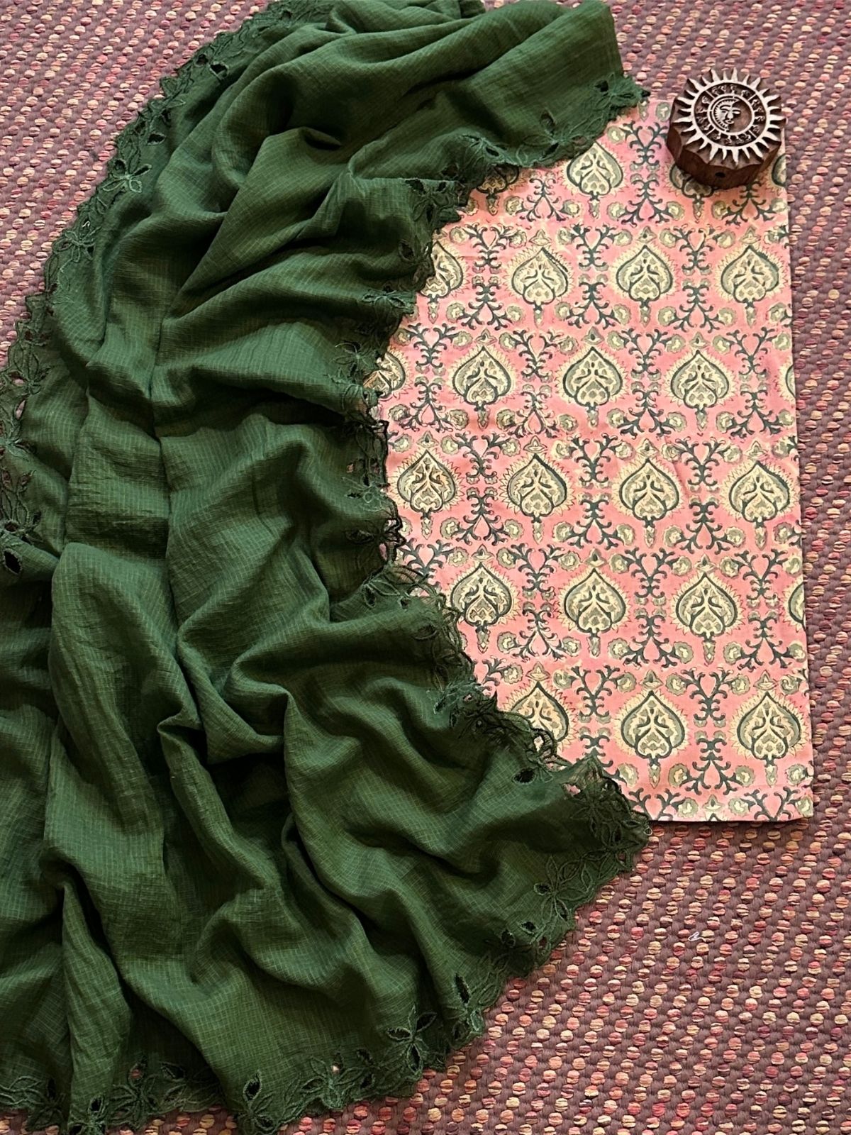 Pure Cotton Handblock Fabric with Cutwork Embroidered Dupatta
