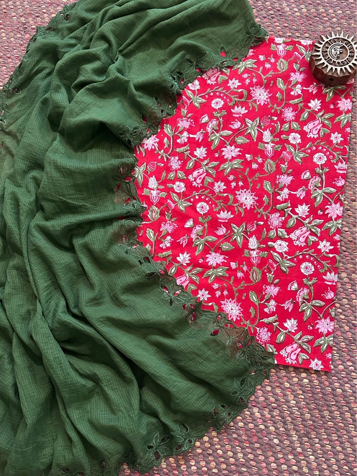 Pure Cotton Handblock Fabric with Cutwork Embroidered Dupatta