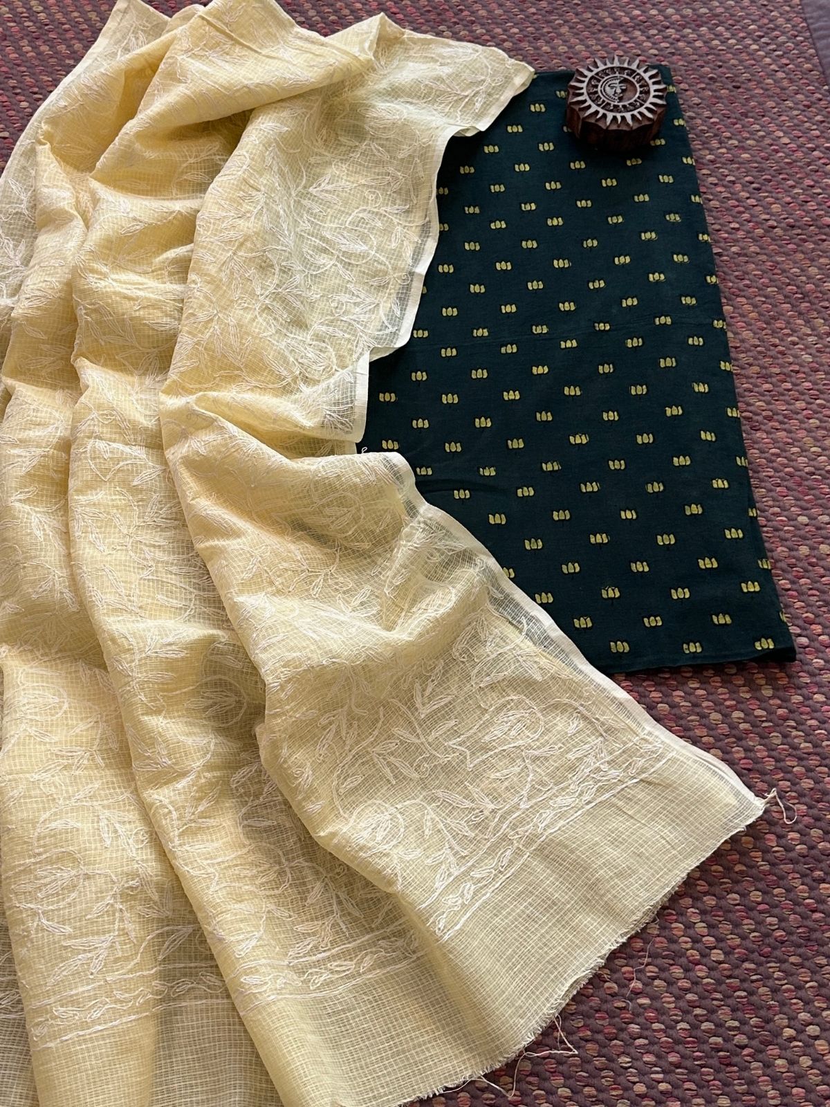 Ajrakh Handblocked Cotton Malmal Fabric with Chikankari Kota Dupatta Unstitched Set