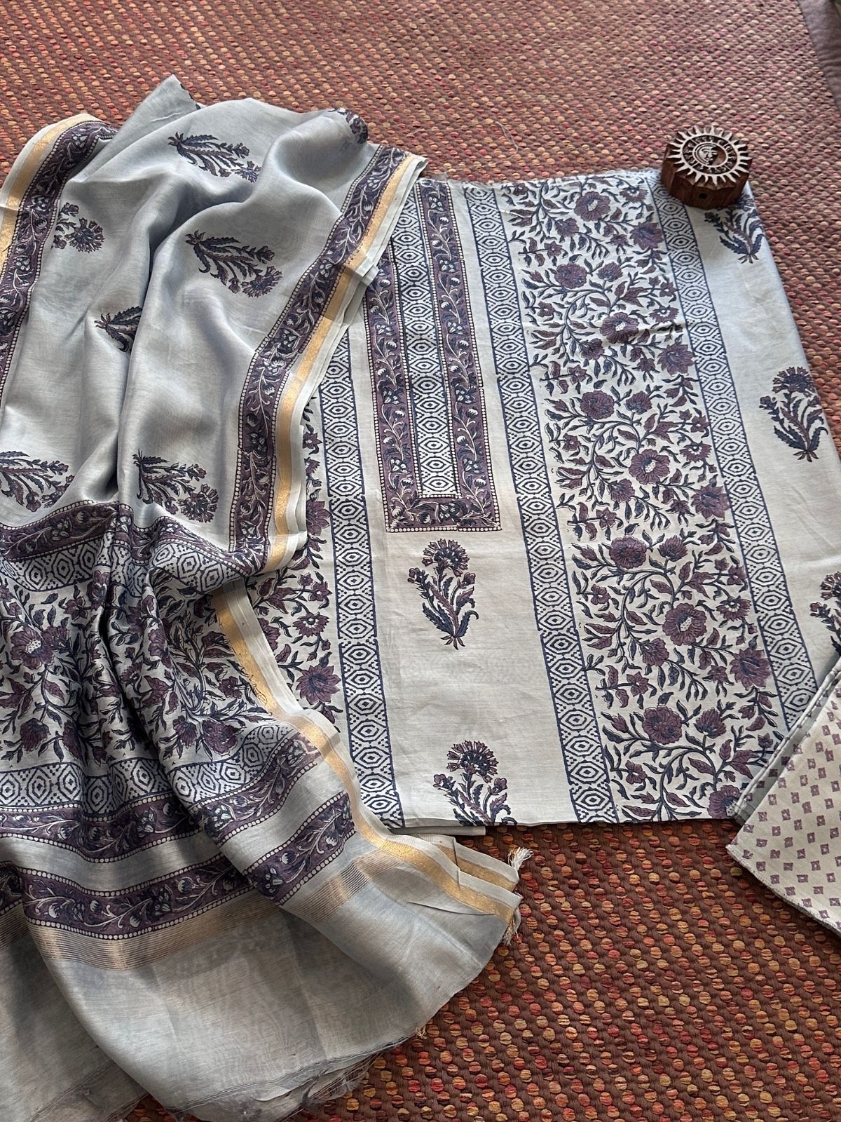 Hand-blocked Maheswari Unstitched Set