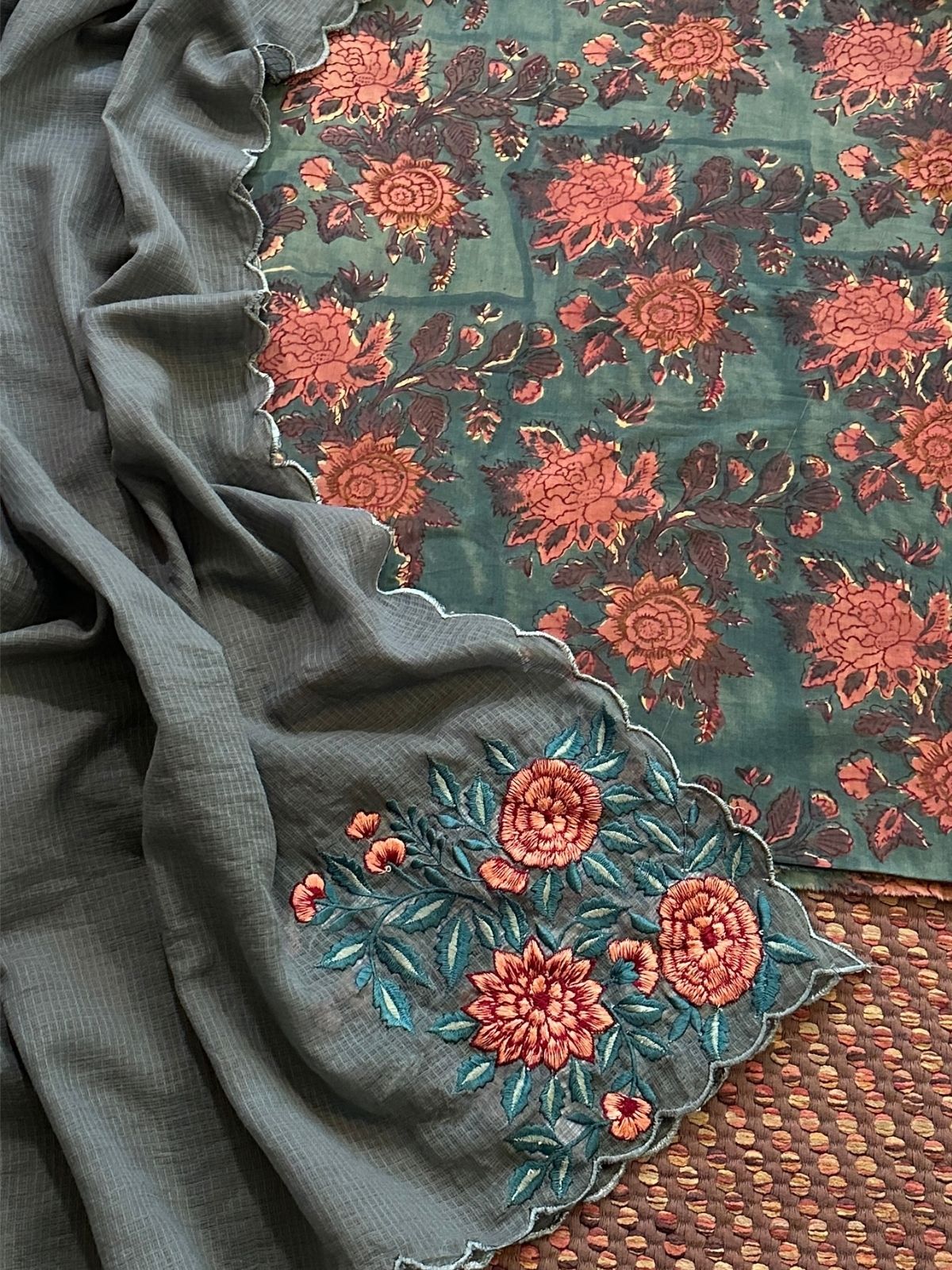 Pure Cotton Malmal Handblock Fabric with Embroidered Dupatta.