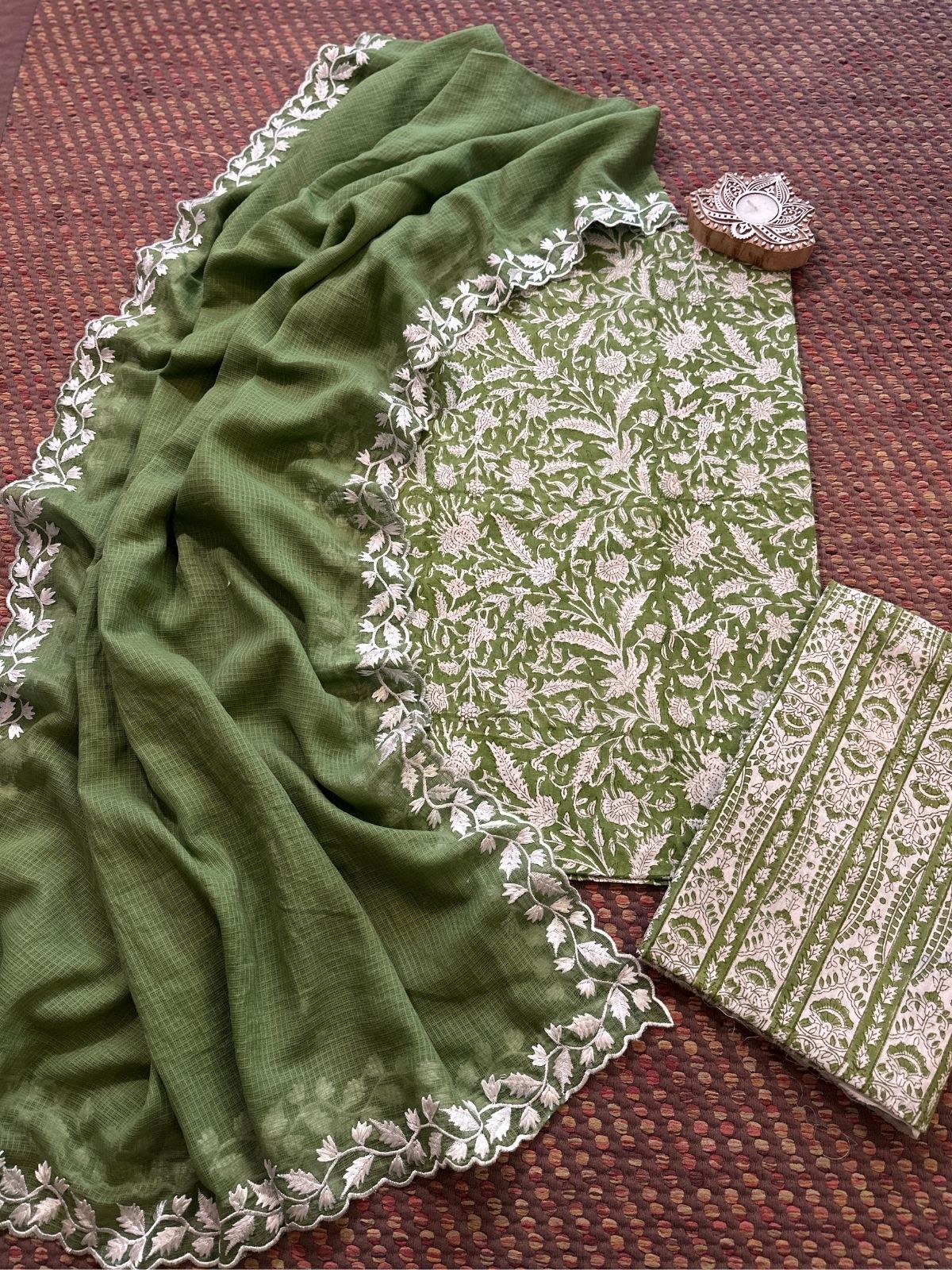 Pure Cotton  Hand blocked Set with Embroidered Dupatta