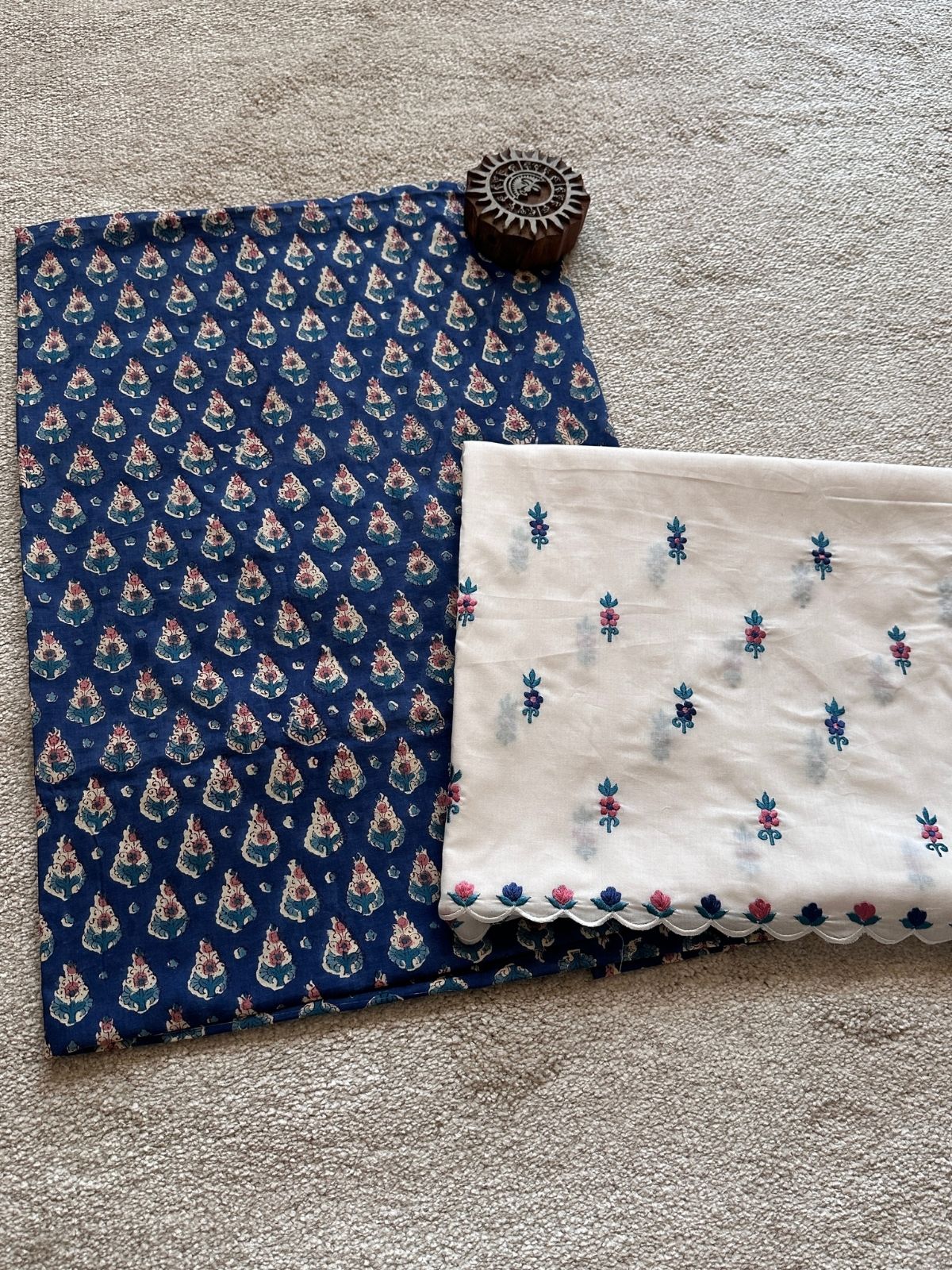 Pure Cotton Hand-blocked Fabric with Embroidered Bottom