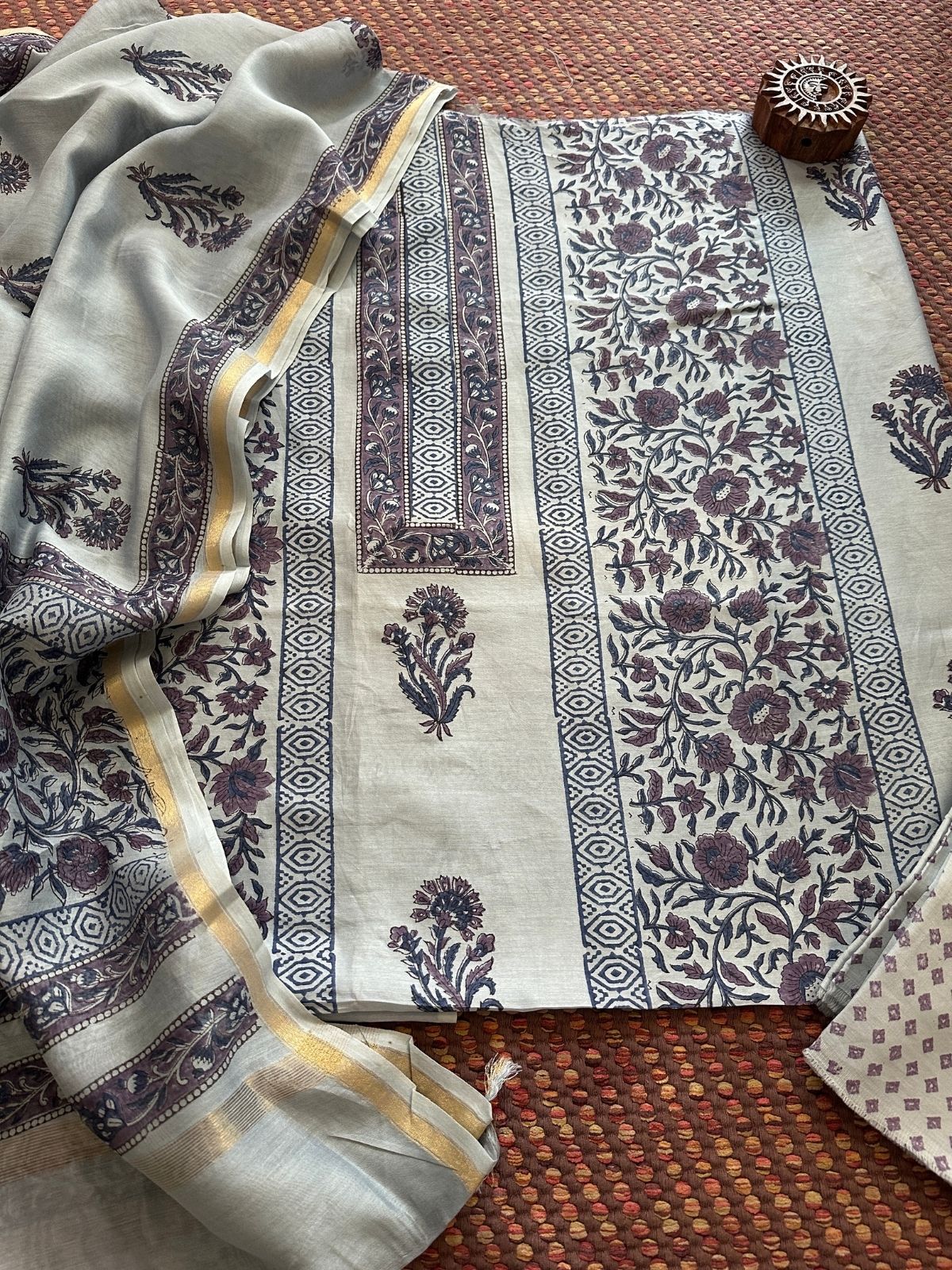 Hand-blocked Maheswari Unstitched Set