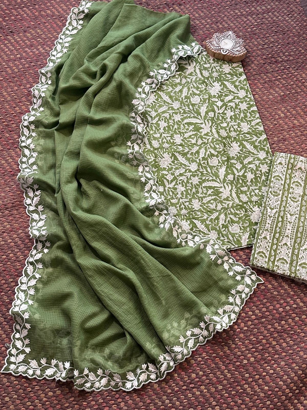 Pure Cotton  Hand blocked Set with Embroidered Dupatta