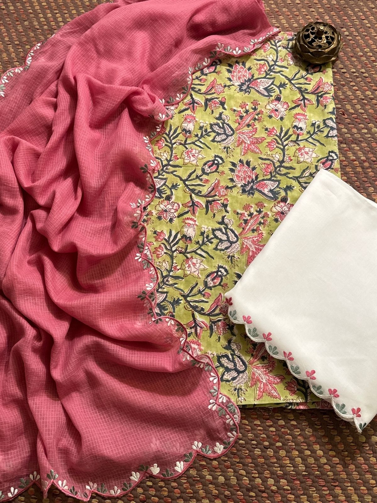 Pure Cotton Hand-block Fabric with Embroidered Bottom & Kota Doria Dupatta