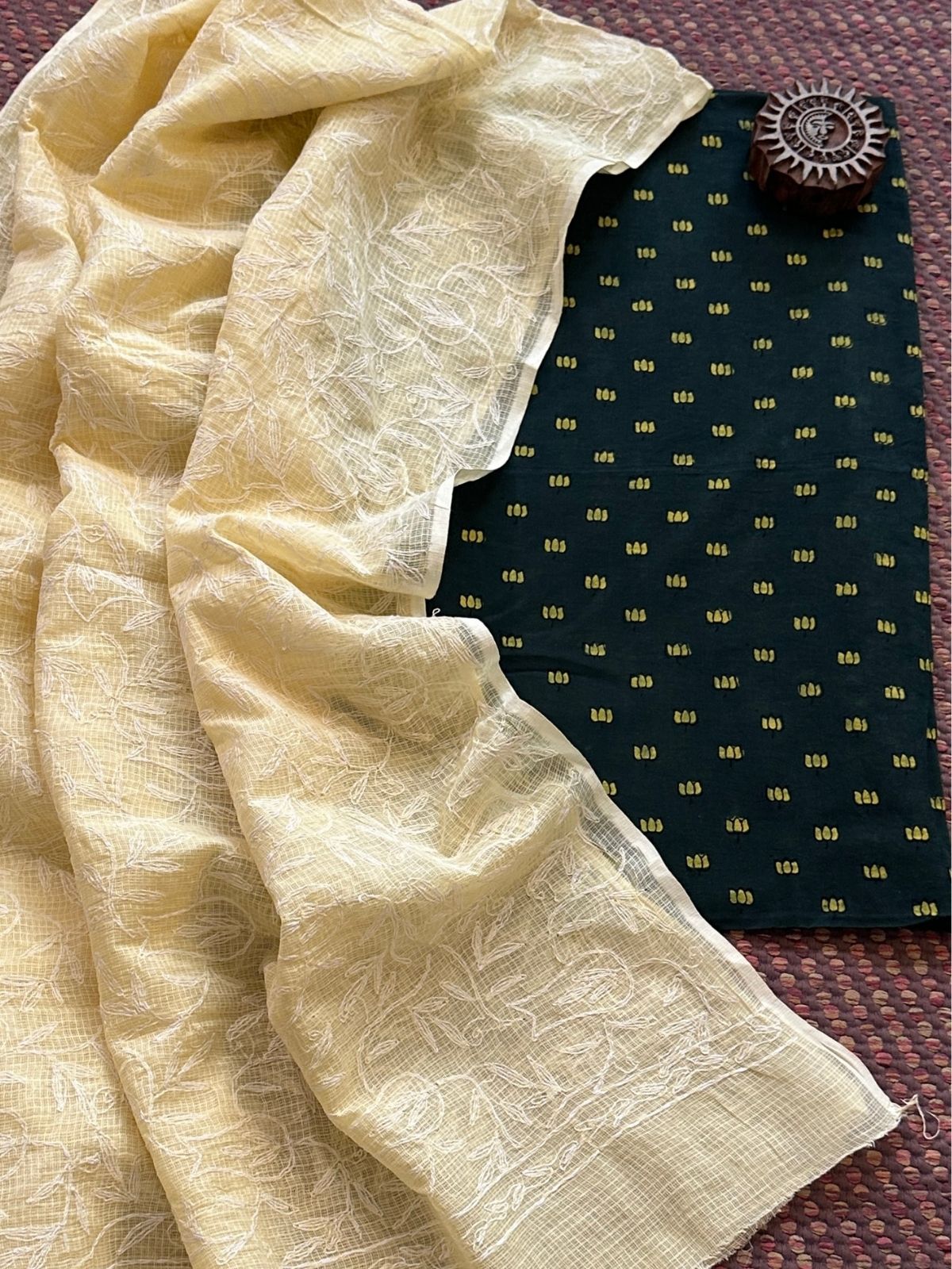 Ajrakh Handblocked Cotton Malmal Fabric with Chikankari Kota Dupatta Unstitched Set