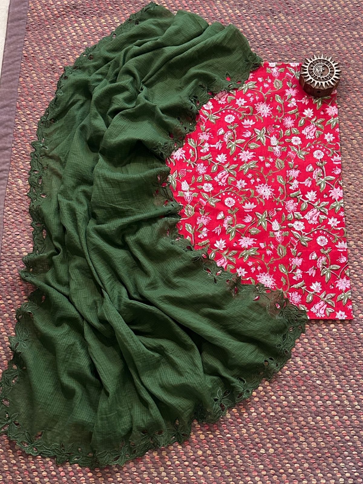 Pure Cotton Handblock Fabric with Cutwork Embroidered Dupatta